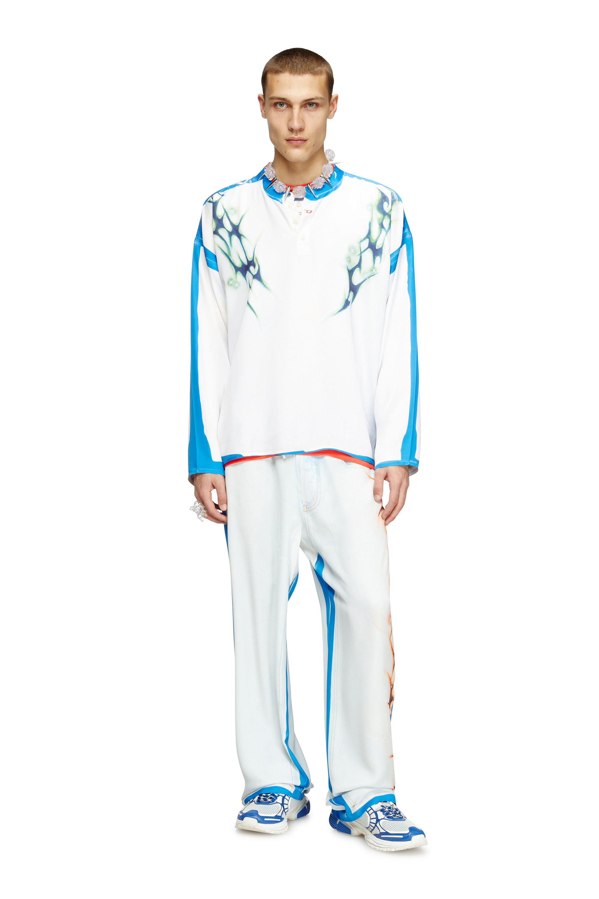 Diesel - T-OLAVI-A-SER-GRAFFITI-JAP, Unisex Langarm-T-Shirt mit Graffiti-Print in Blau/Weiss - 1