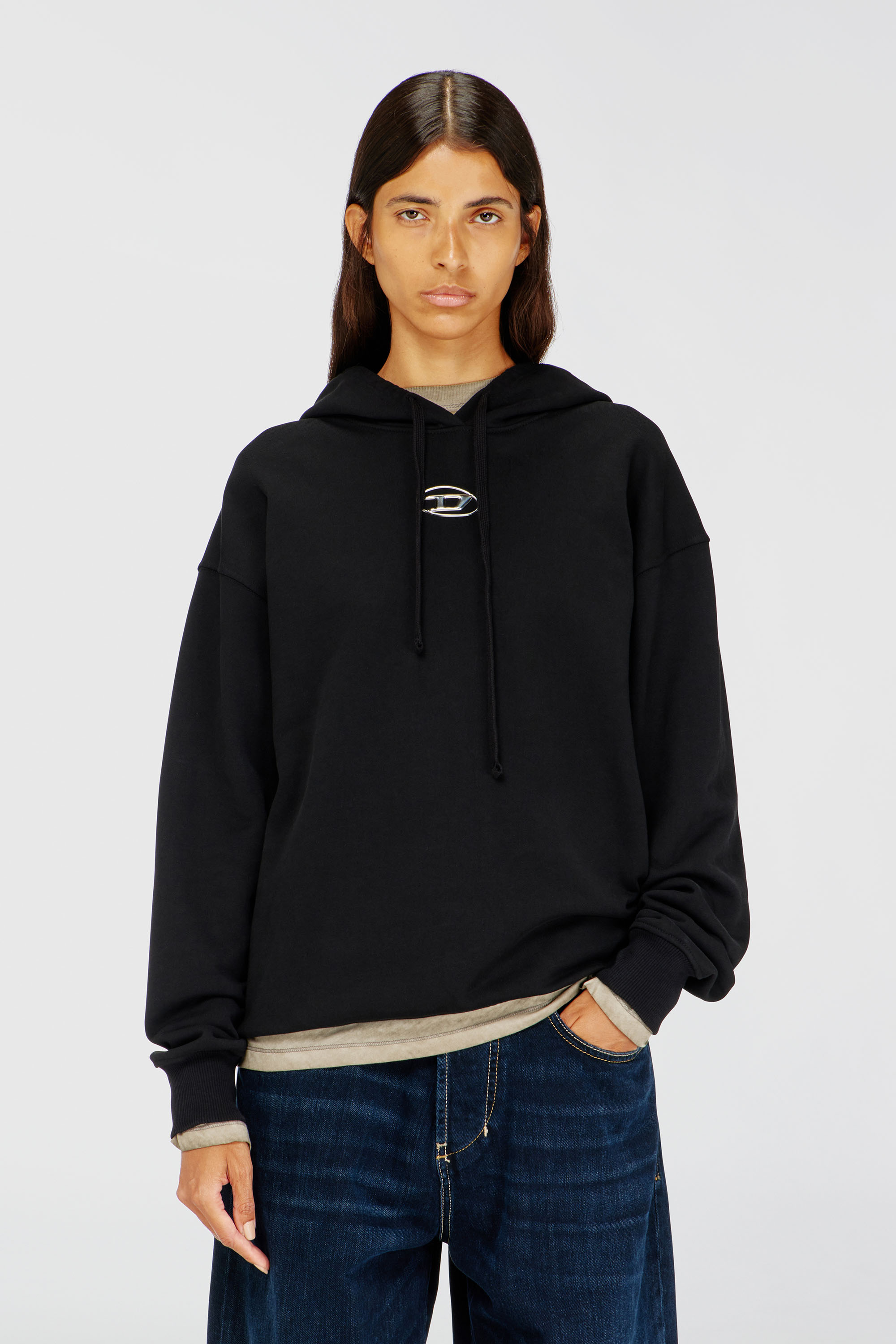 Diesel - F-BUXT-HOOD-OD, Sweat-shirt &agrave; capuche avec logo Oval D effet m&eacute;tal Femme in Noir - 1