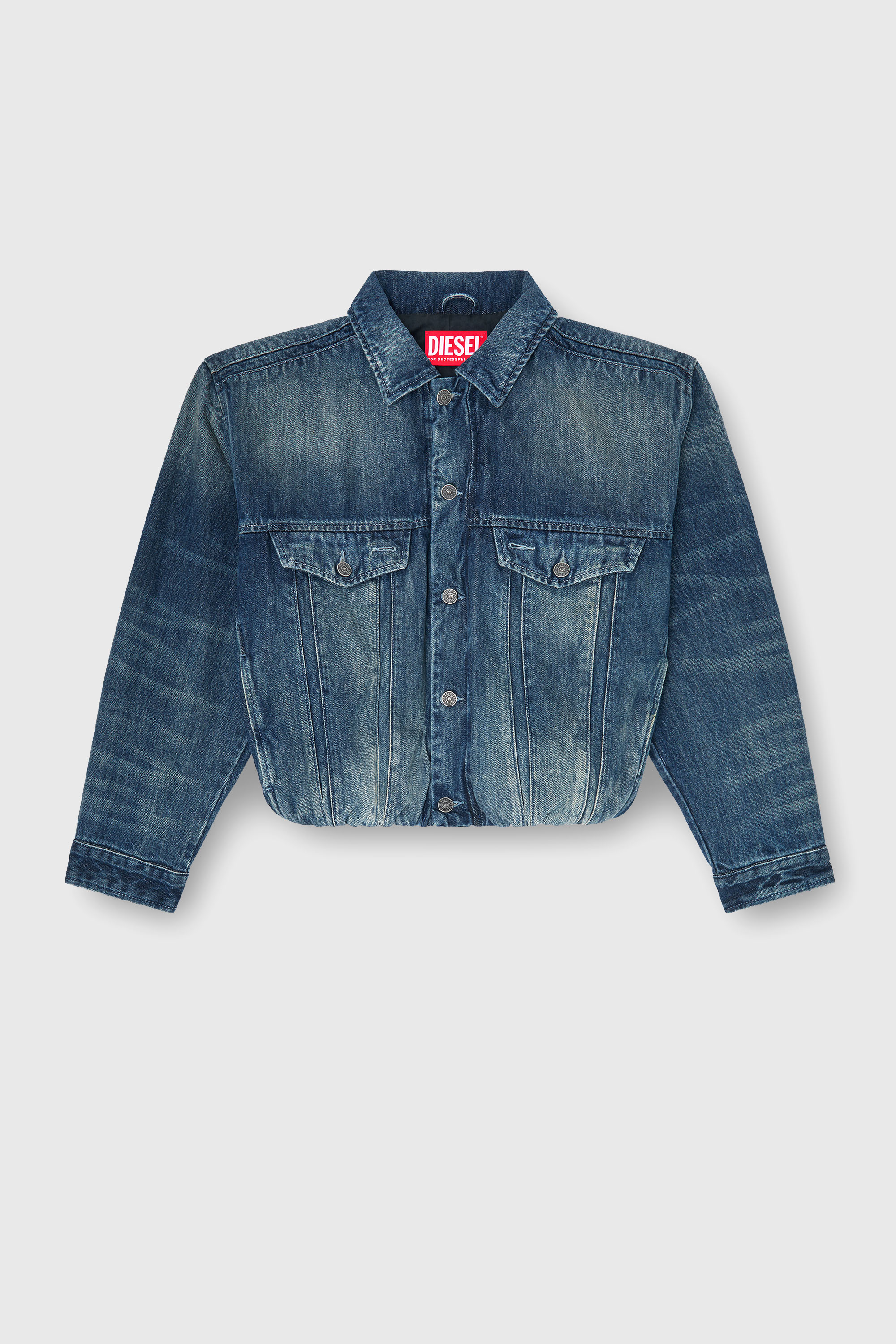 Diesel - DE-MORVI-FSJ, Damen Elastische Truckerjacke aus Denim in Mittelblau - 2
