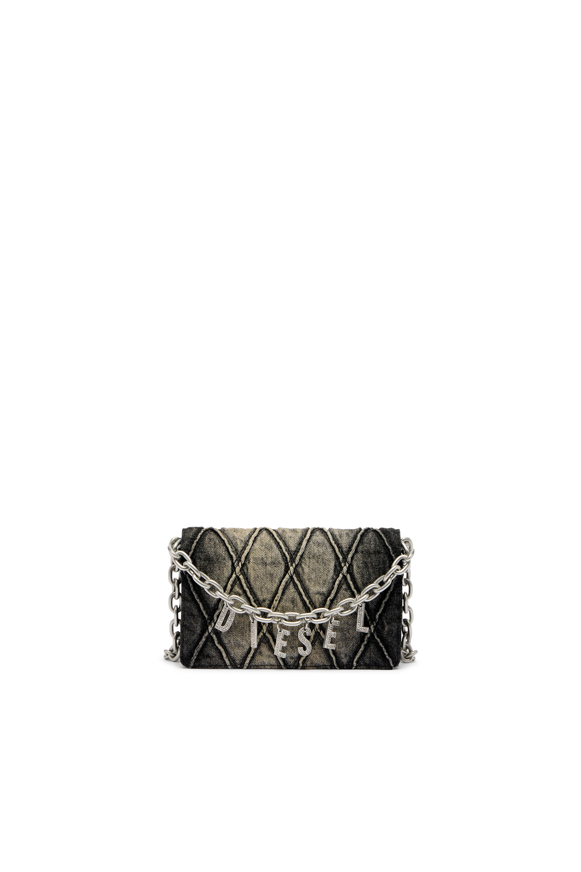 Diesel - CHARM-D WALLET STRAP, Portafoglio con tracolla in denim a rombi Donna in Nero - 1