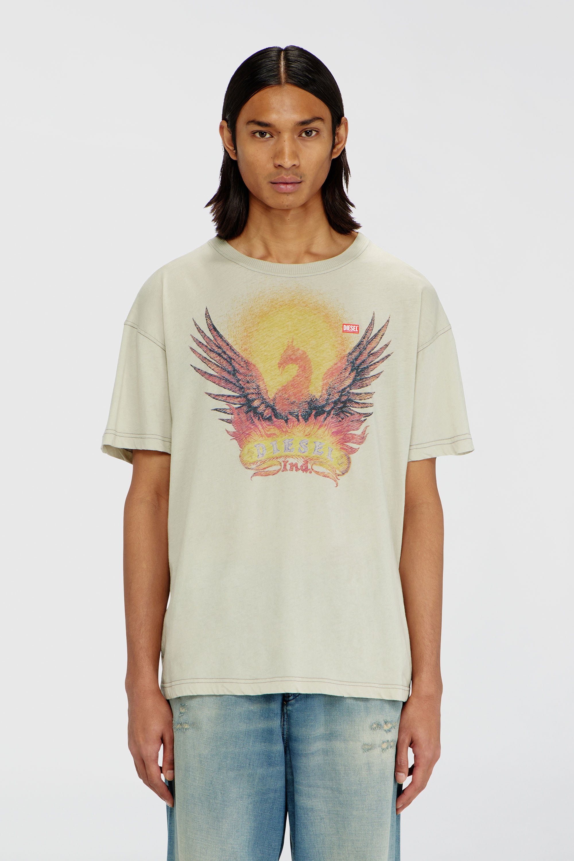 Diesel - T-NORM-AA1, Herren Regul&auml;res T-Shirt mit Ph&ouml;nix-Print in Beige - 1
