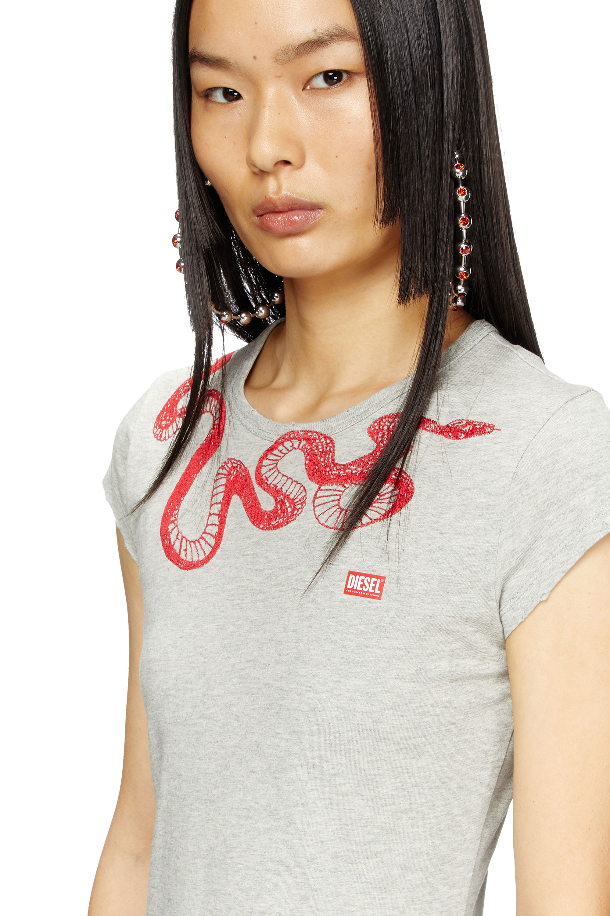 Diesel - CL-D-ANGIEL-MEL-SNAKE, Robe t-shirt courte avec broderie serpent Femme in Gris - 5