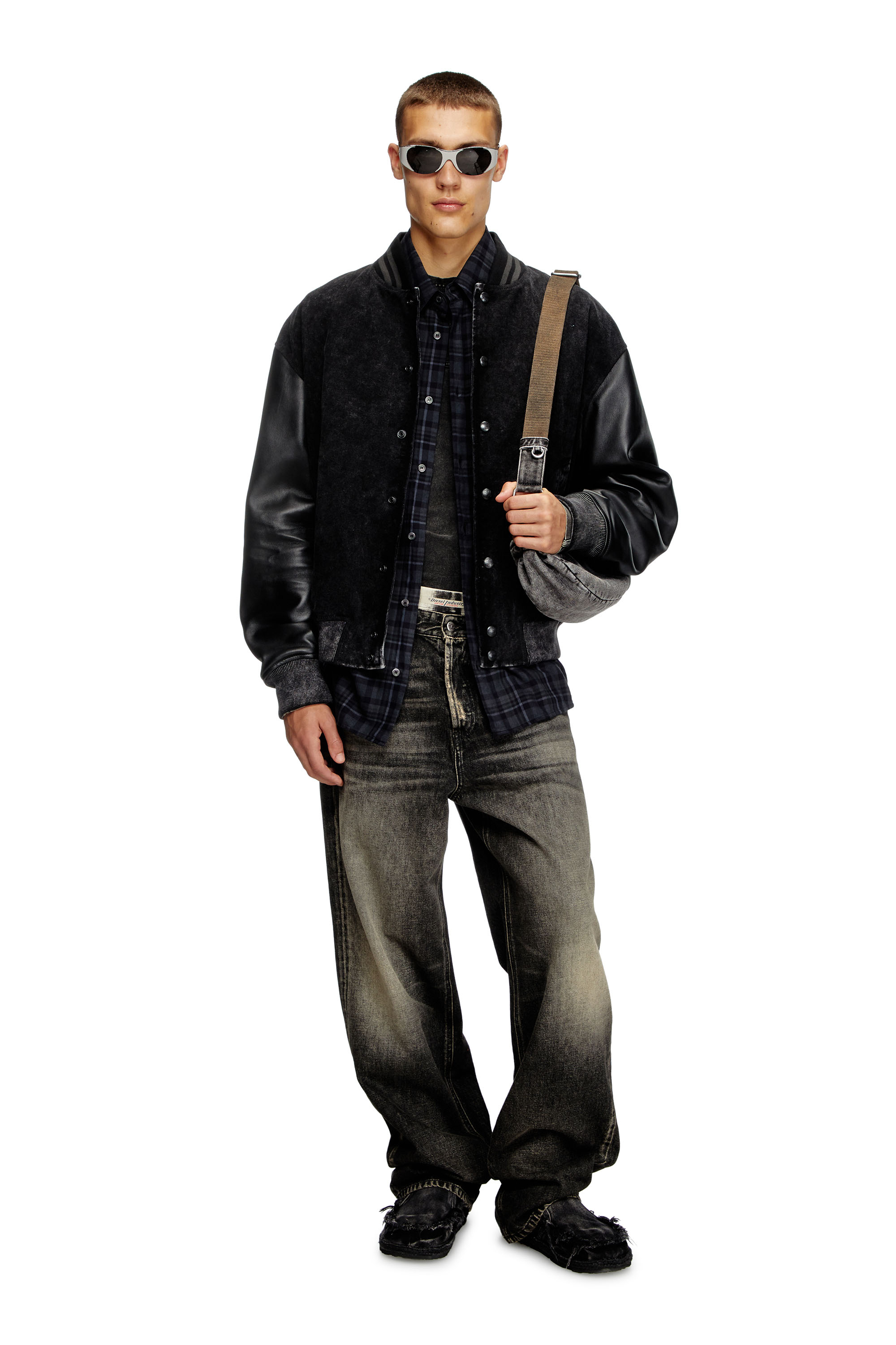 Diesel - L-NYN, Veste bomber en denim et cuir Homme in Noir - 2