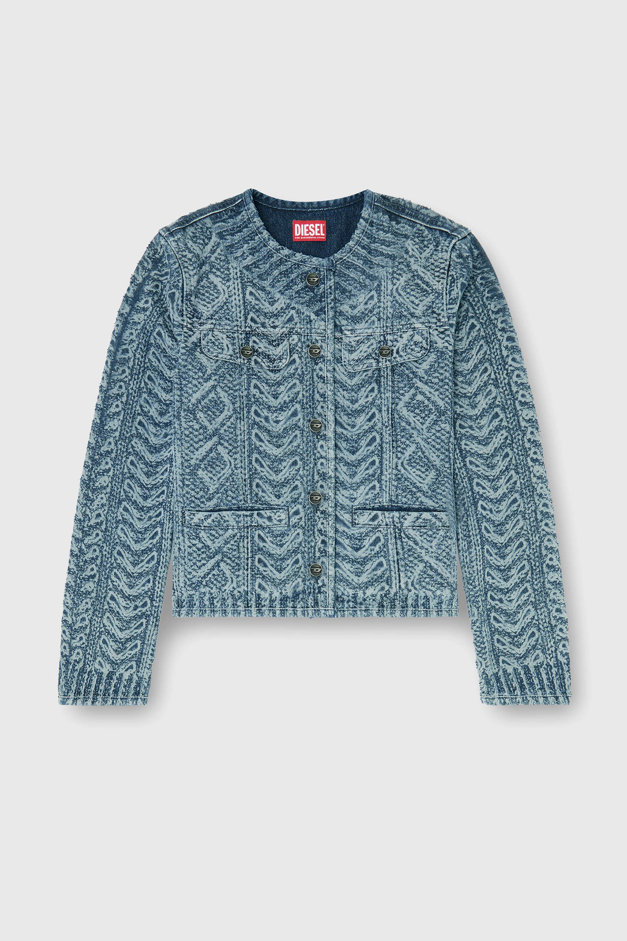 Diesel - DE-GRAFY-S2, Veste sans col en denim effet maille torsad&eacute;e Femme in Bleu - 2
