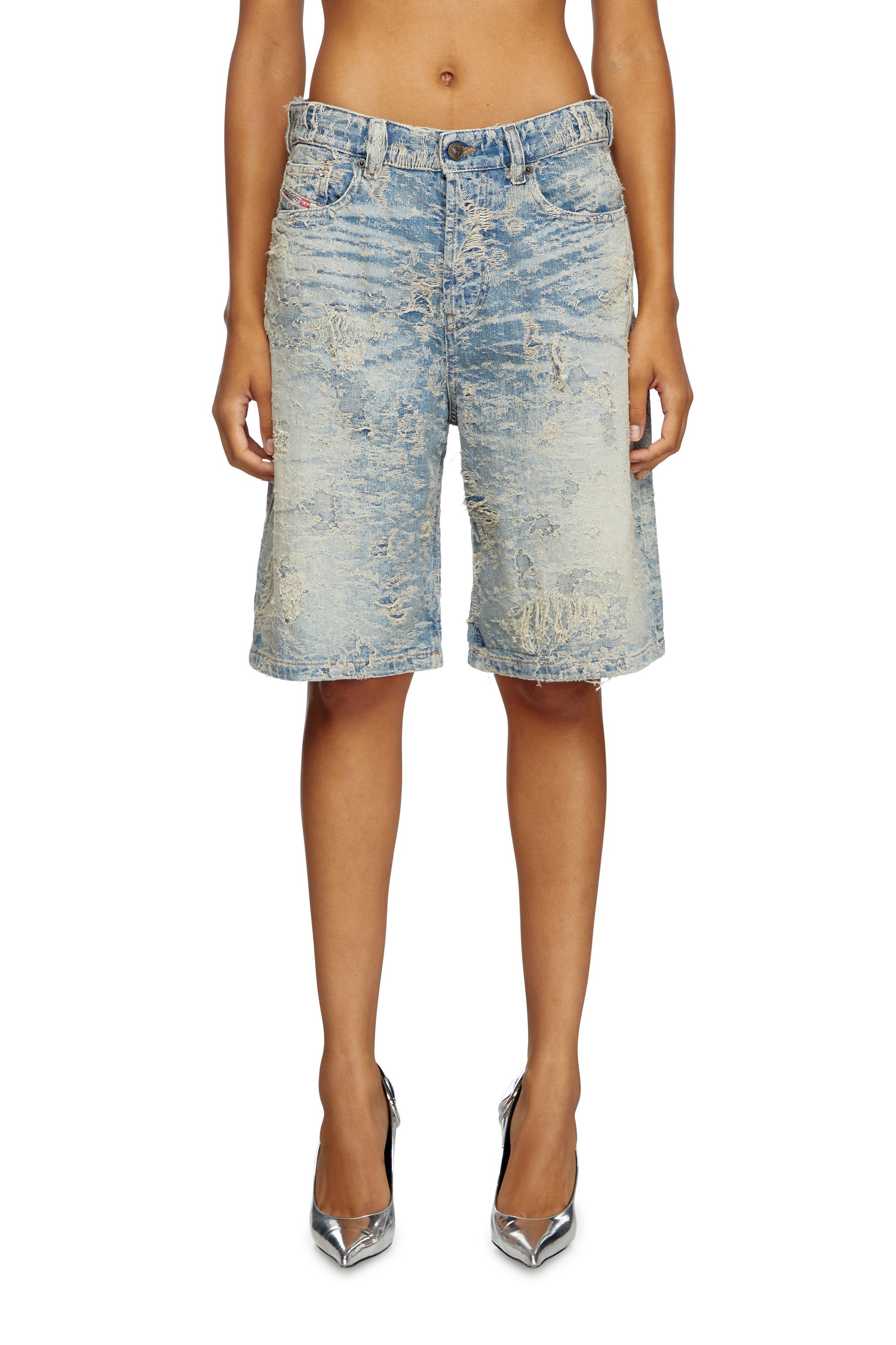 Diesel - DE-SIRE-SHORT-FSF, Short en denim jacquard effet sali Femme in Bleu - 1