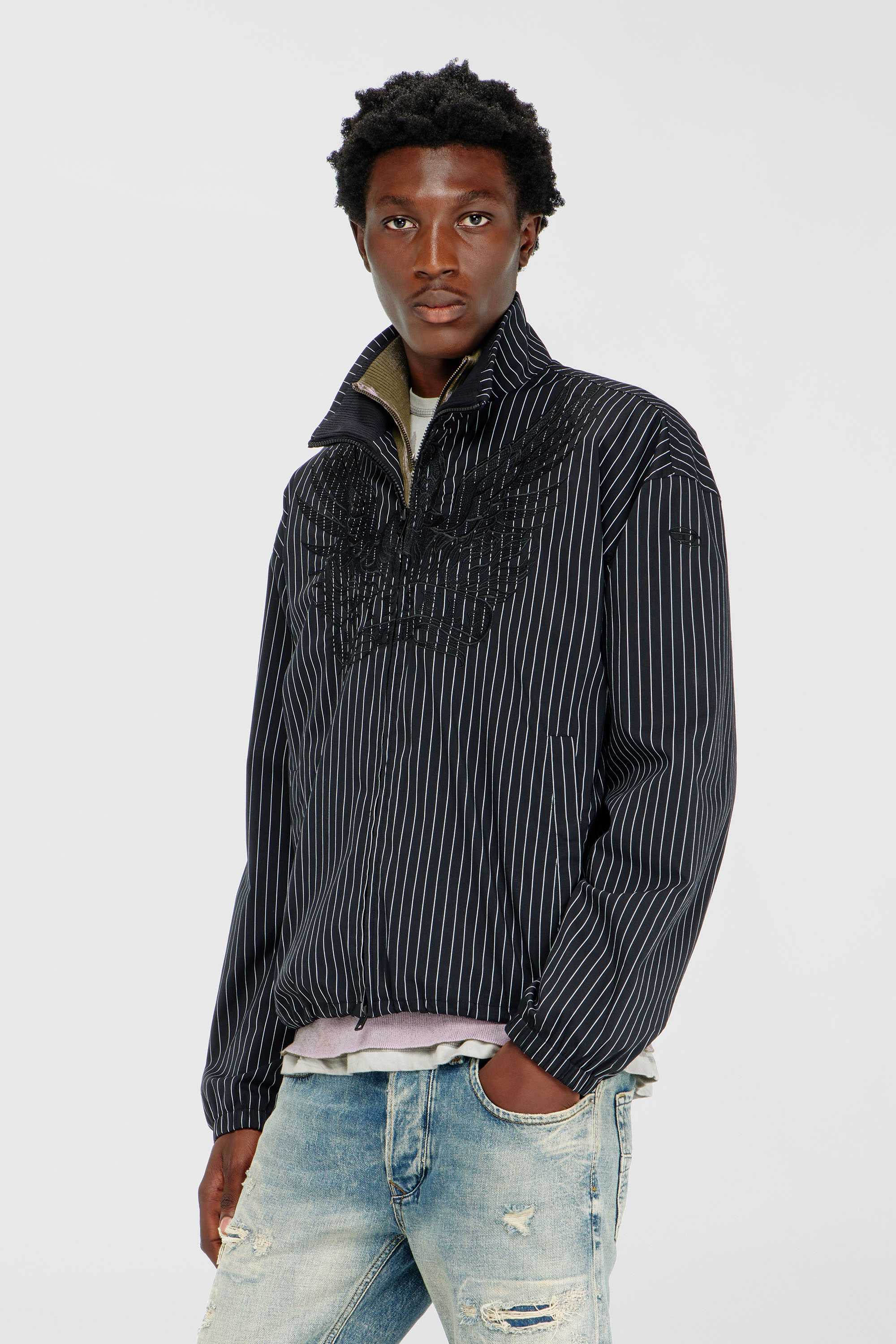Diesel - J-CORSAR-NJCA, Man's Nylon pinstripe Jacket with Phoenix embroidery in Black - 1