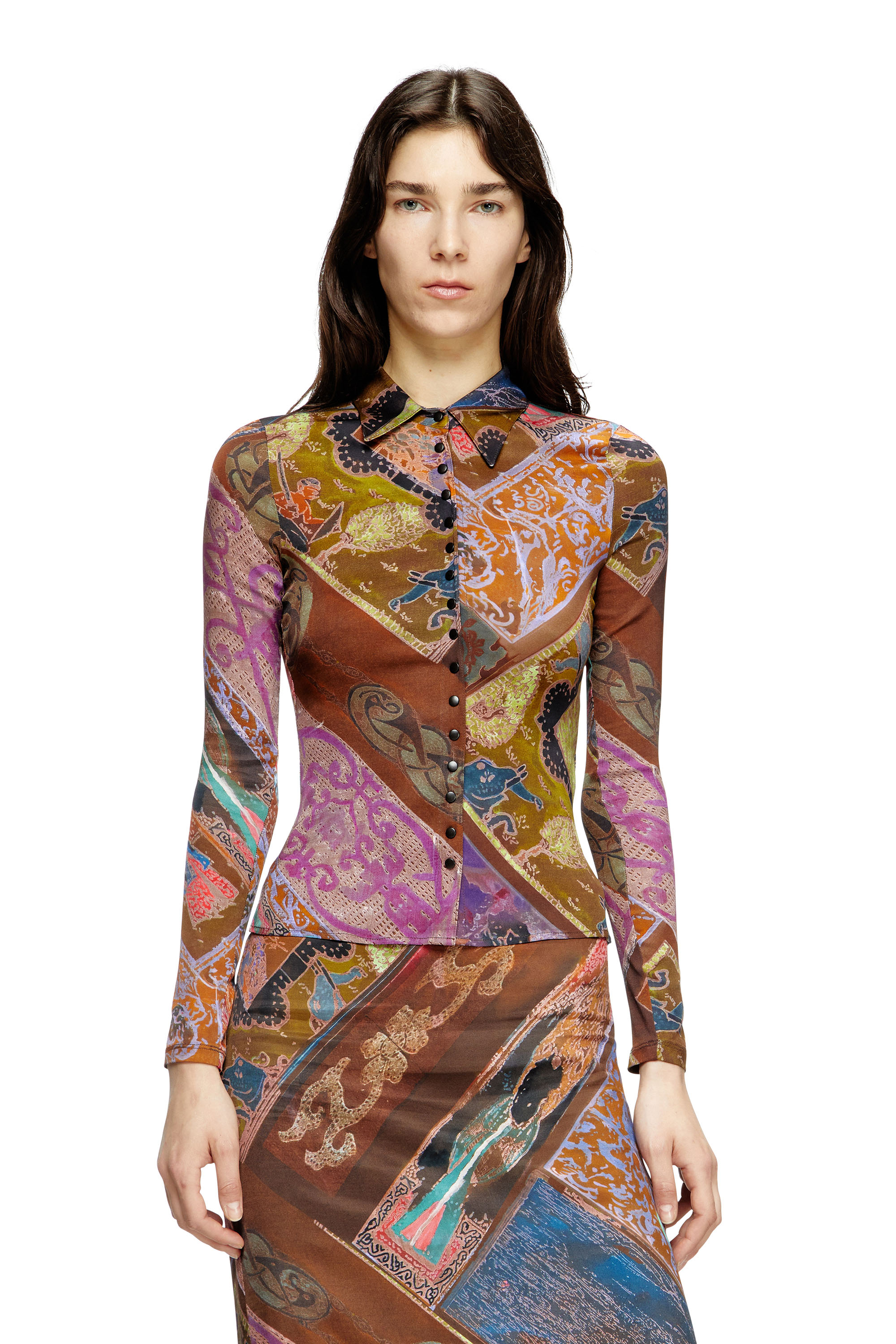 Diesel - C-AMELIA, Damen Hemd aus Stretch-Viskose mit Wappen-Print in Braun - 1