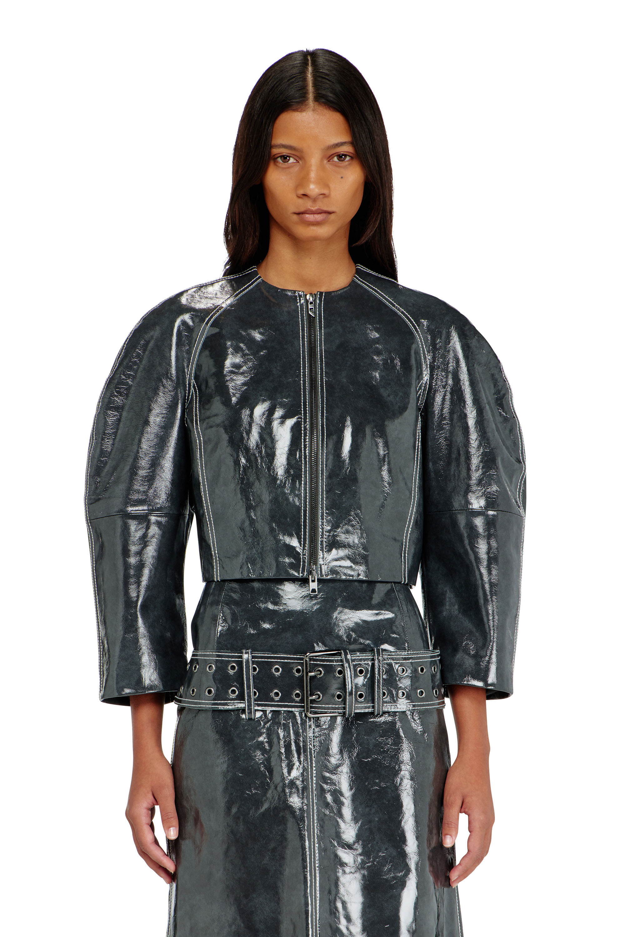 Diesel - L-ANDON, Damen Patent-leather jacket mit Cocoon-&Auml;rmeln in Dunkelgrau - 3