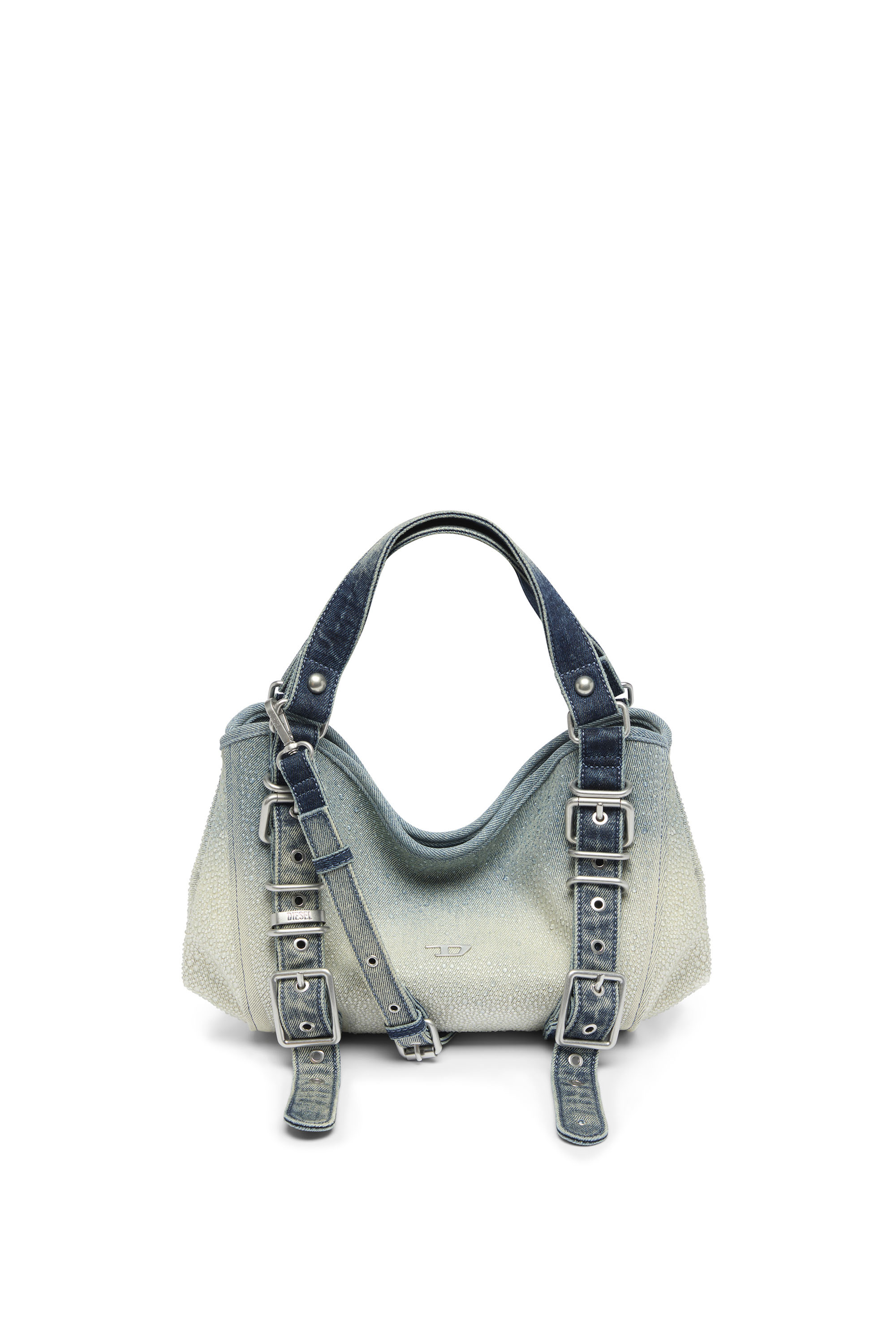 Diesel - D-ONE TOPHANDLE S, Damen D-One-Small Henkeltasche aus solarisiertem Denim mit Kristallen in Blau - 2
