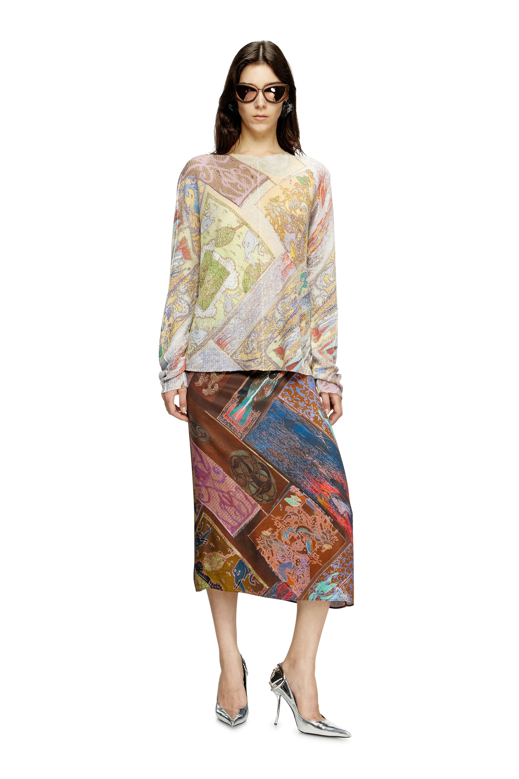 Diesel - O-RCHID, Damen Midi-Rock aus Viskose mit Wappen-Print in Braun - 2