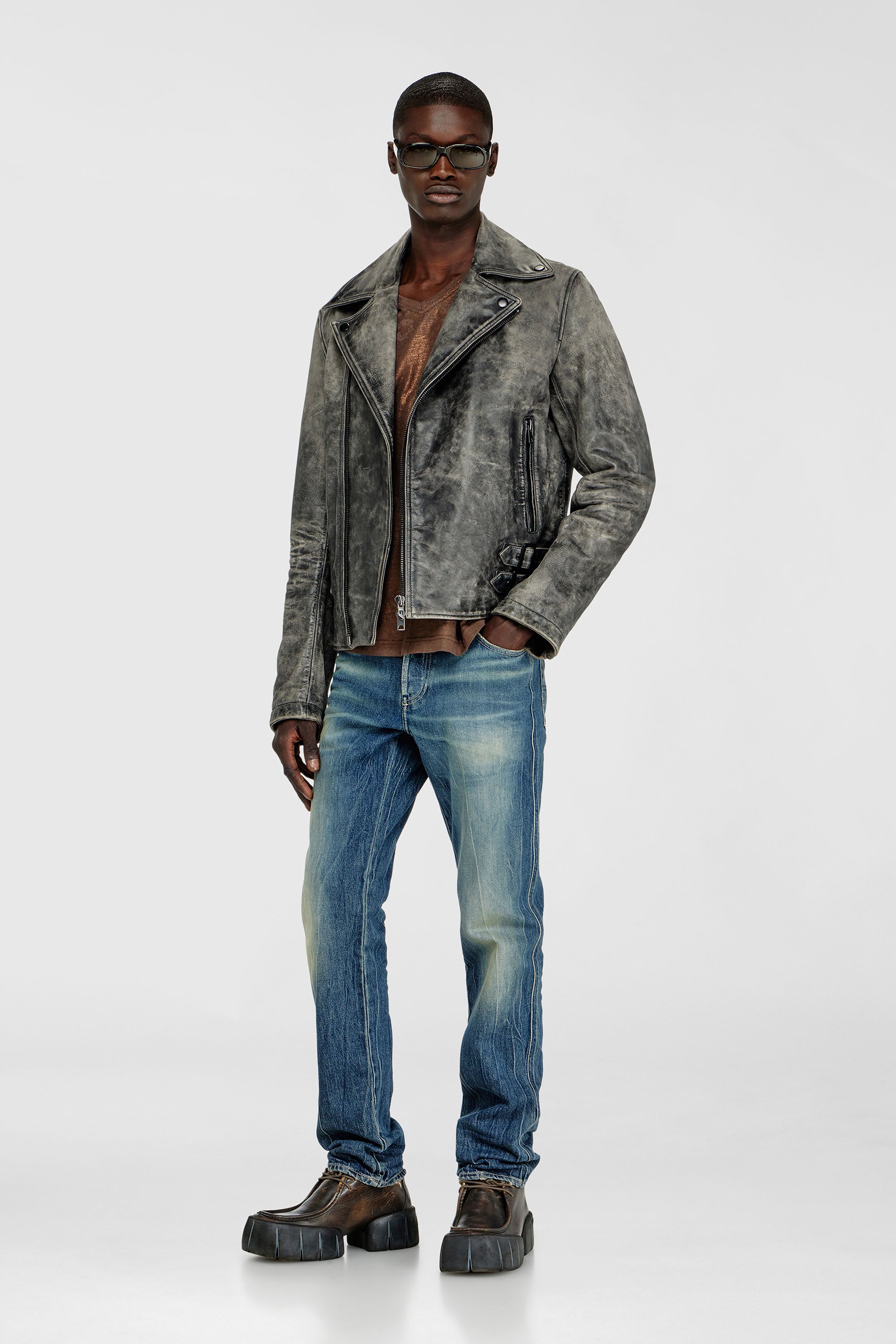 Diesel - L-EON-CJCM, Giacca biker in pelle lavorata Uomo in Grigio - 2