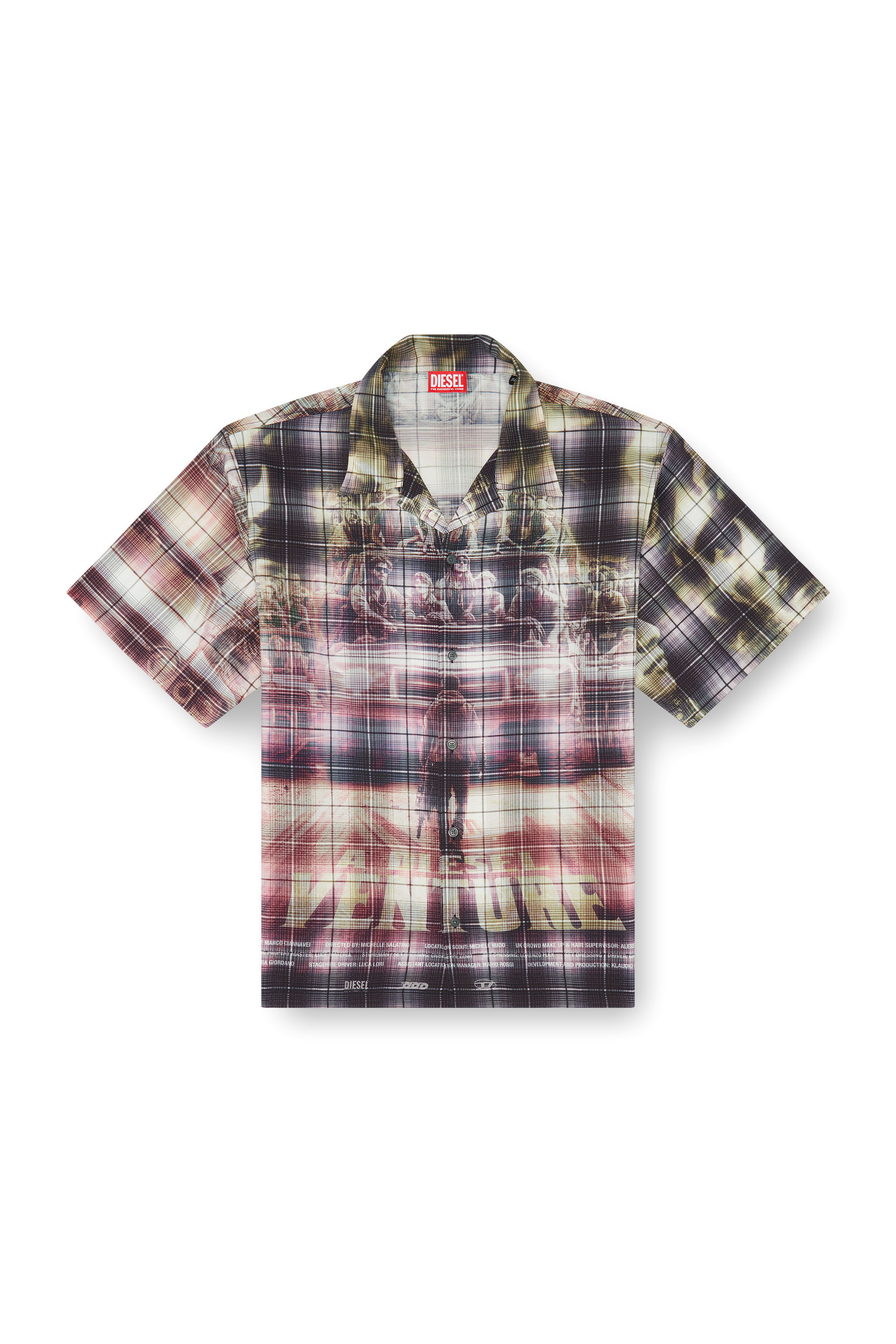 Diesel - S-TILBORG, Man's Short-sleeve check shirt with poster print in Green/Black - 3