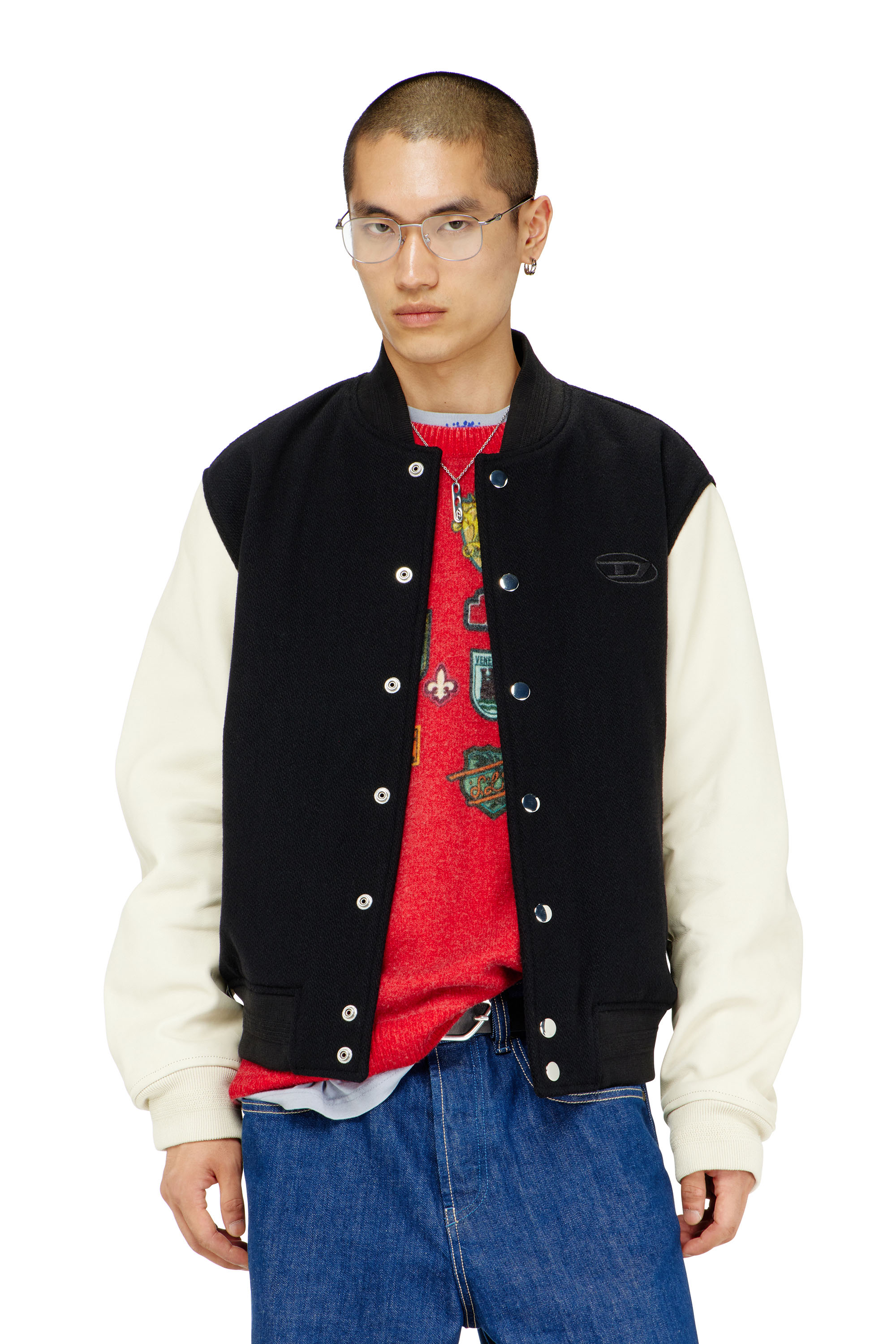 Diesel - L-ARRY-WRD, Herren Bomberjacke aus Wollmischung und Leder in Schwarz/Weiss - 3