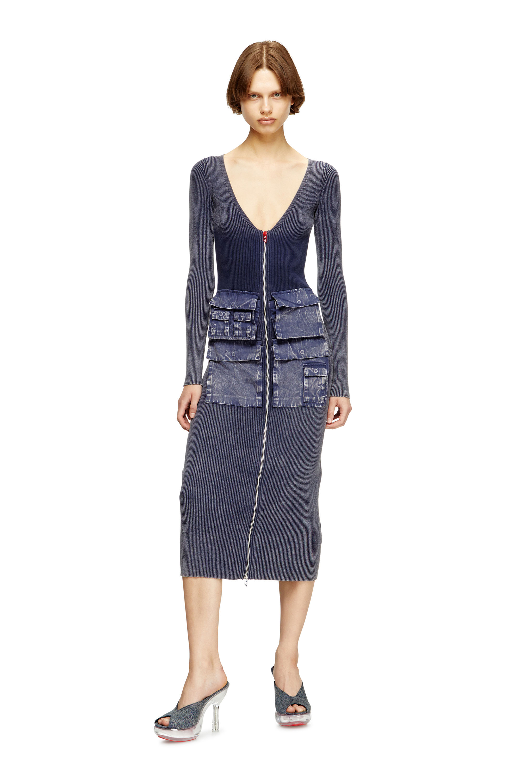 Diesel - M-MELTI-LS, Abito midi a costine effetto denim Donna in Blu - 2