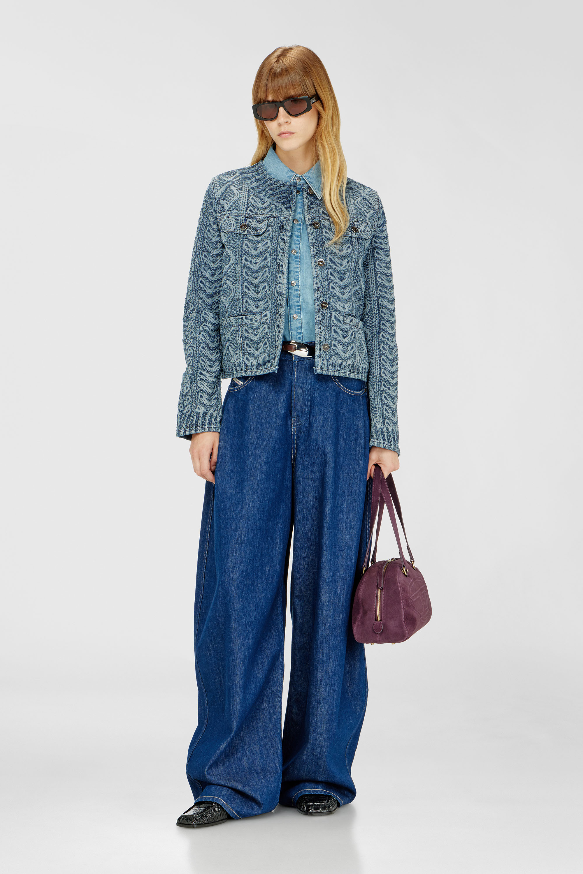Diesel - DE-GRAFY-S2, Woman's Collarless jacket in cable-knit-effect denim in Medium blue - 1