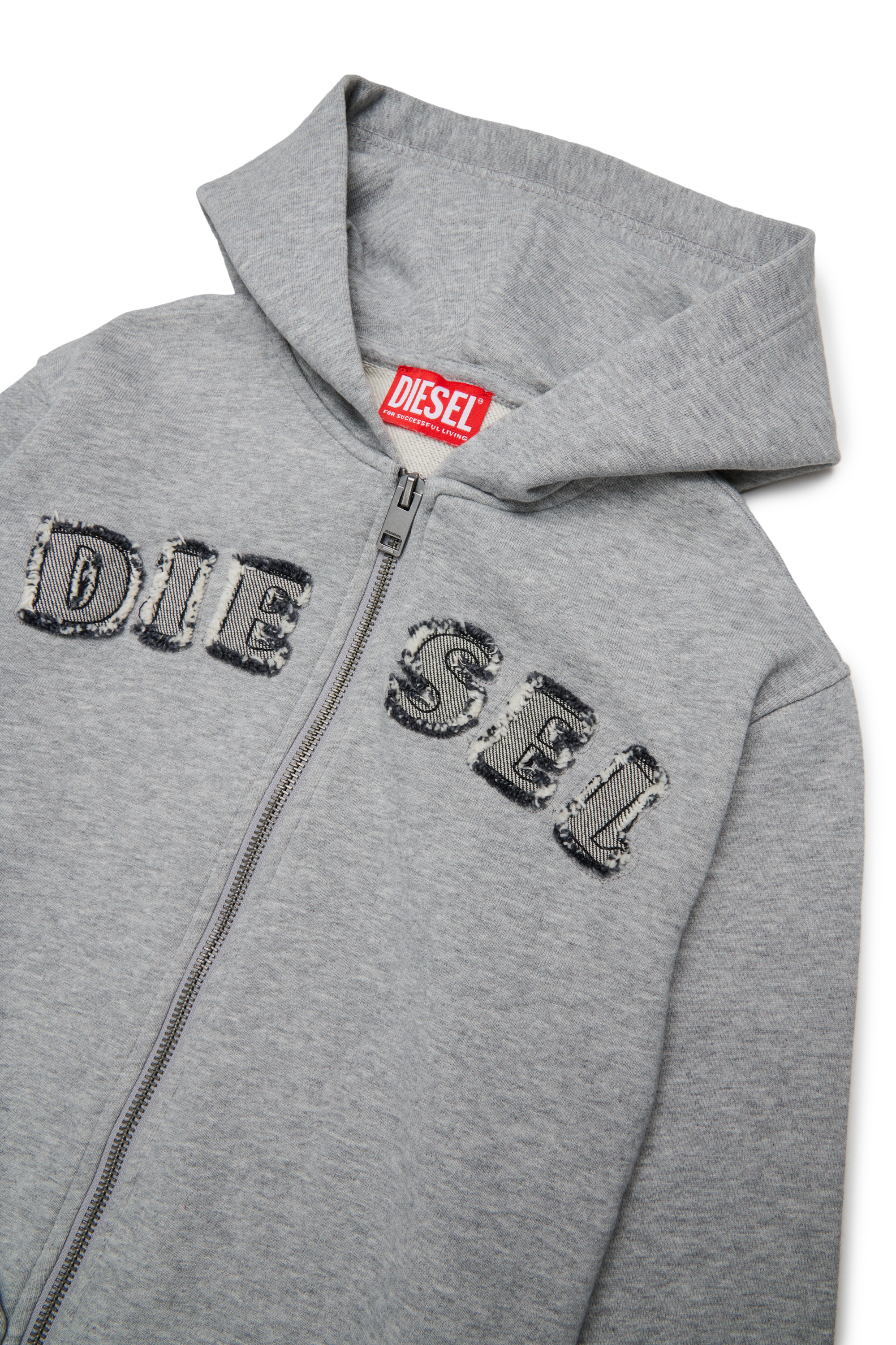 Diesel - SJEANSHOOD OVER, Sweat &agrave; capuche zipp&eacute; avec logo effiloch&eacute; Homme in Gris - 3