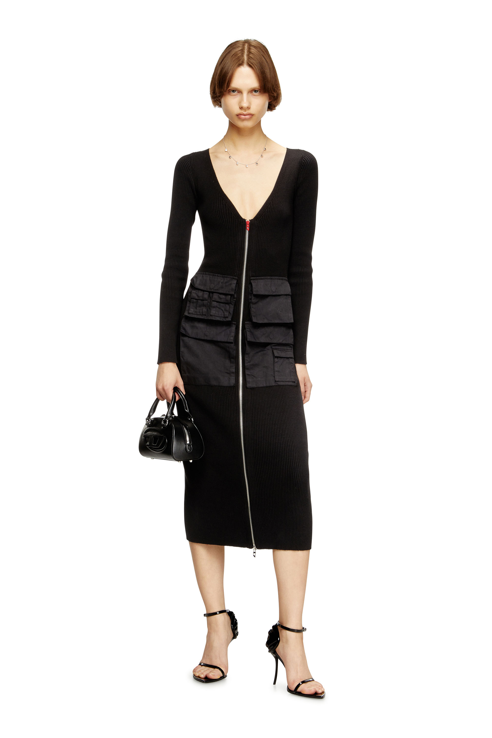 Diesel - M-MELTI-LS, Damen Geripptes Midikleid mit Cargotaschen in Schwarz - 1