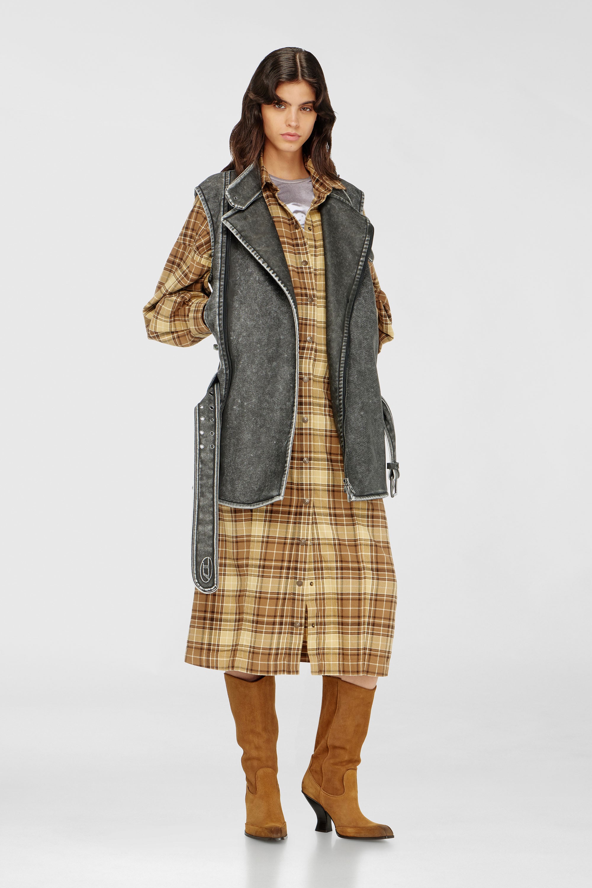 Diesel - D-EDALUS, Robe midi en flanelle &agrave; carreaux avec large ceinture Femme in Polychrome - 1