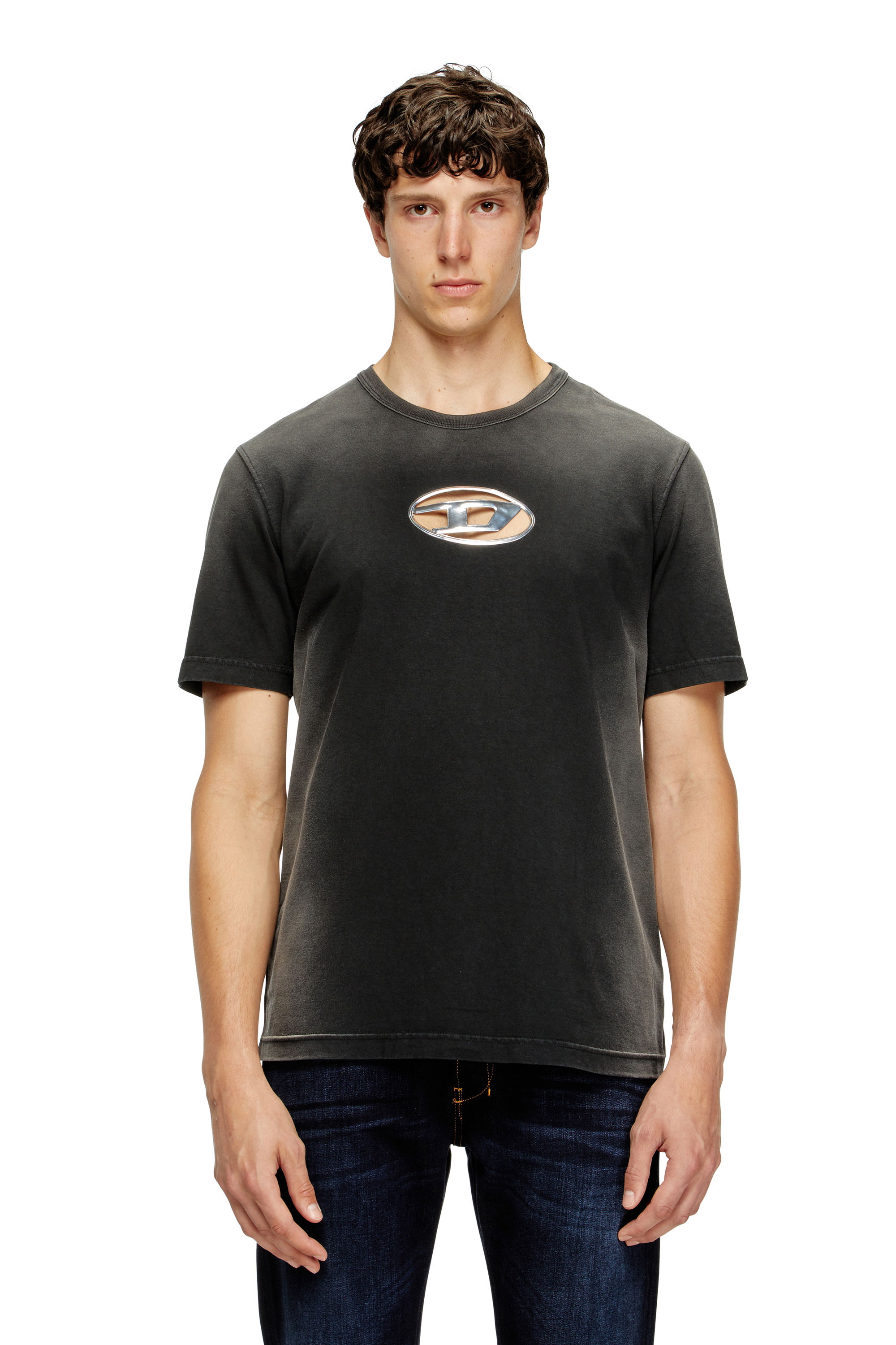 Diesel - T-ADJUST-Q8, T-shirt délavé avec cut-out Oval D Homme in Noir - 1
