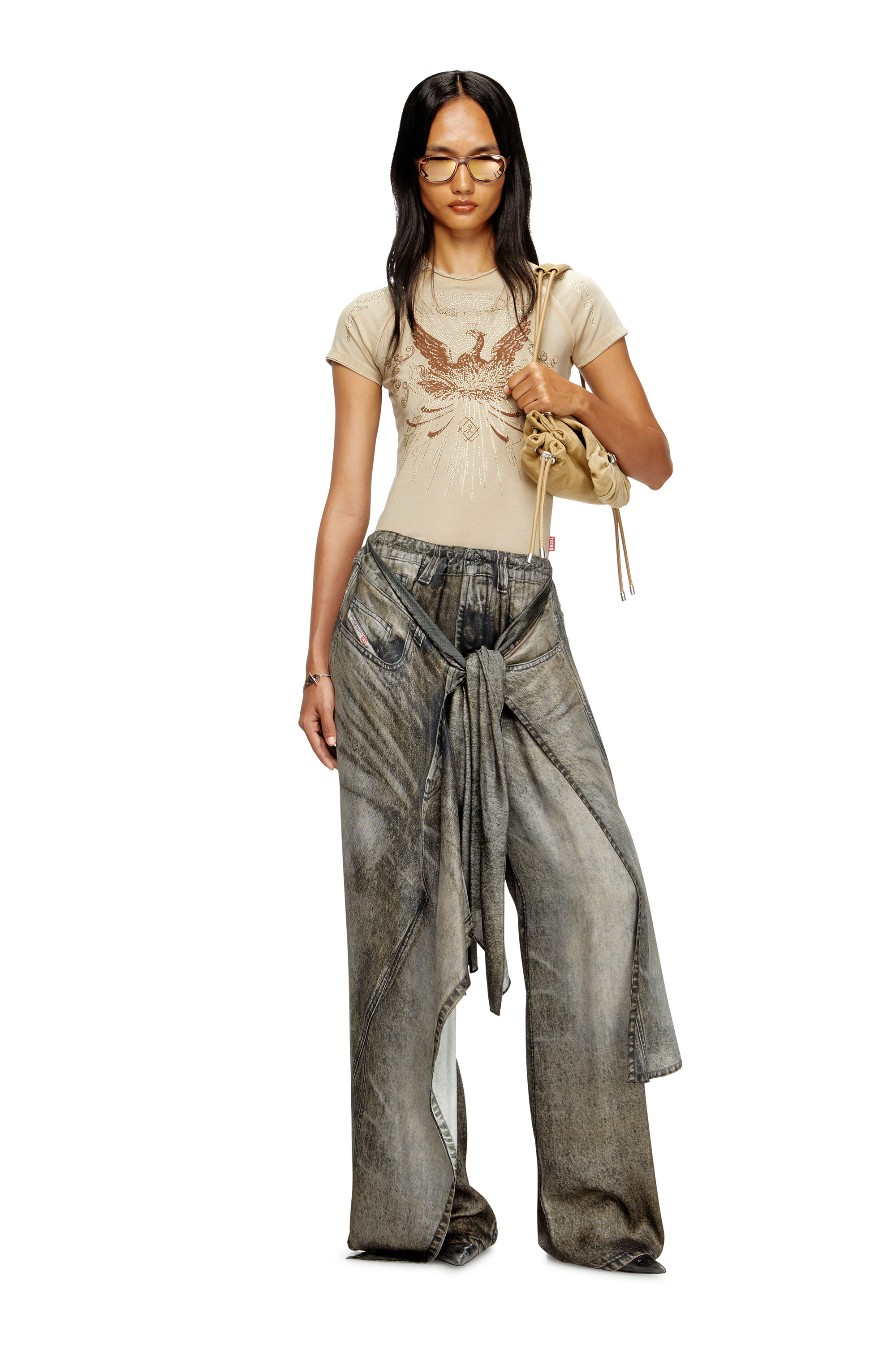 Diesel - T-ROWEENA, Damen Phoenix-T-Shirt mit Strasssteinen in Hellbraun - 1