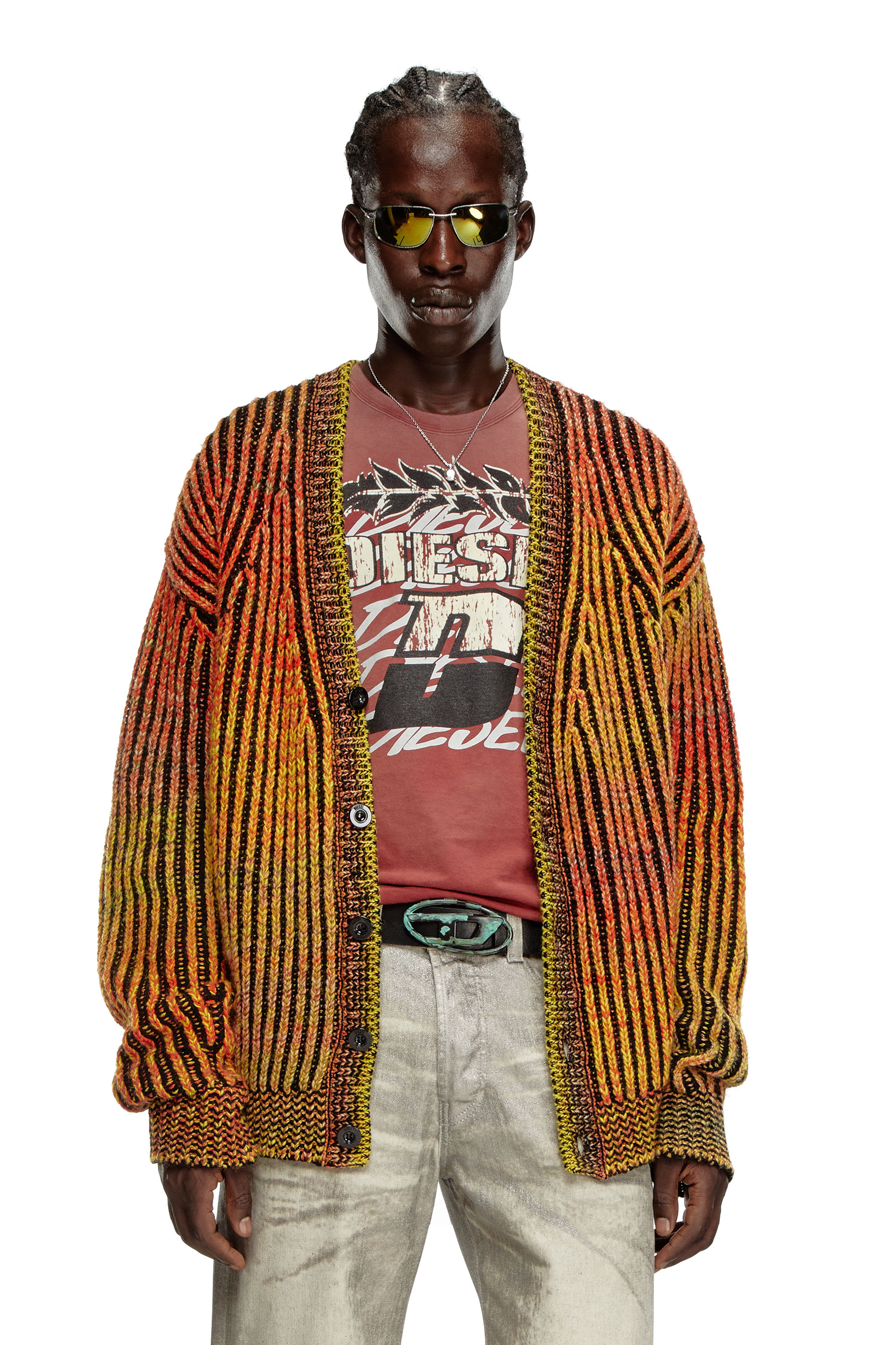 Diesel - K-OAKLAND-CR, Uomo Striped ribbed cardigan in wool blend in Arancione - Image 1