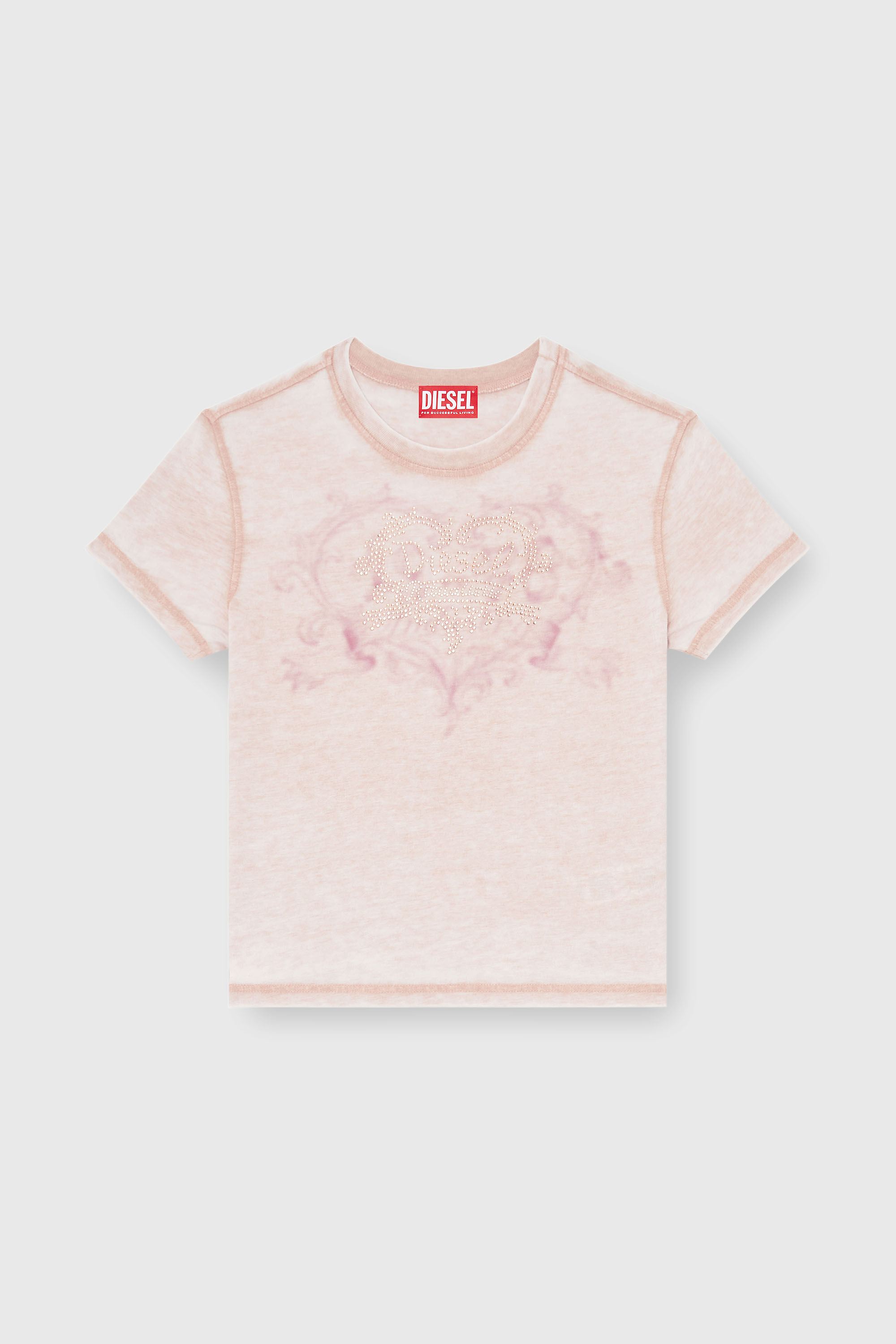 Diesel - T-ILA-AA1, T-shirt in jersey con strass ed effetto burnout Donna in Rosa - 2