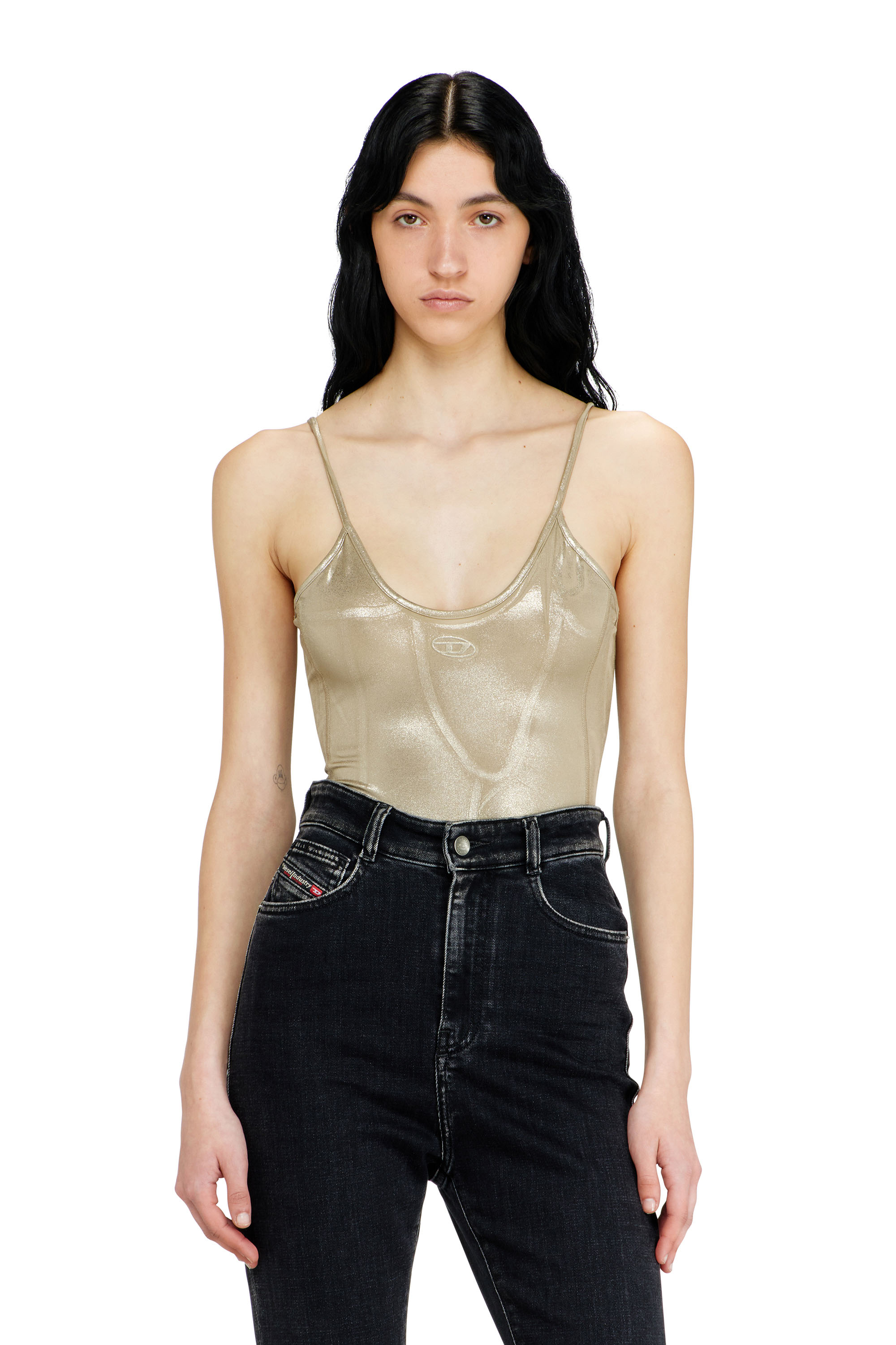 Diesel - T-IMYNY, Body en jersey brillant &agrave; col rond Femme in Beige - 1