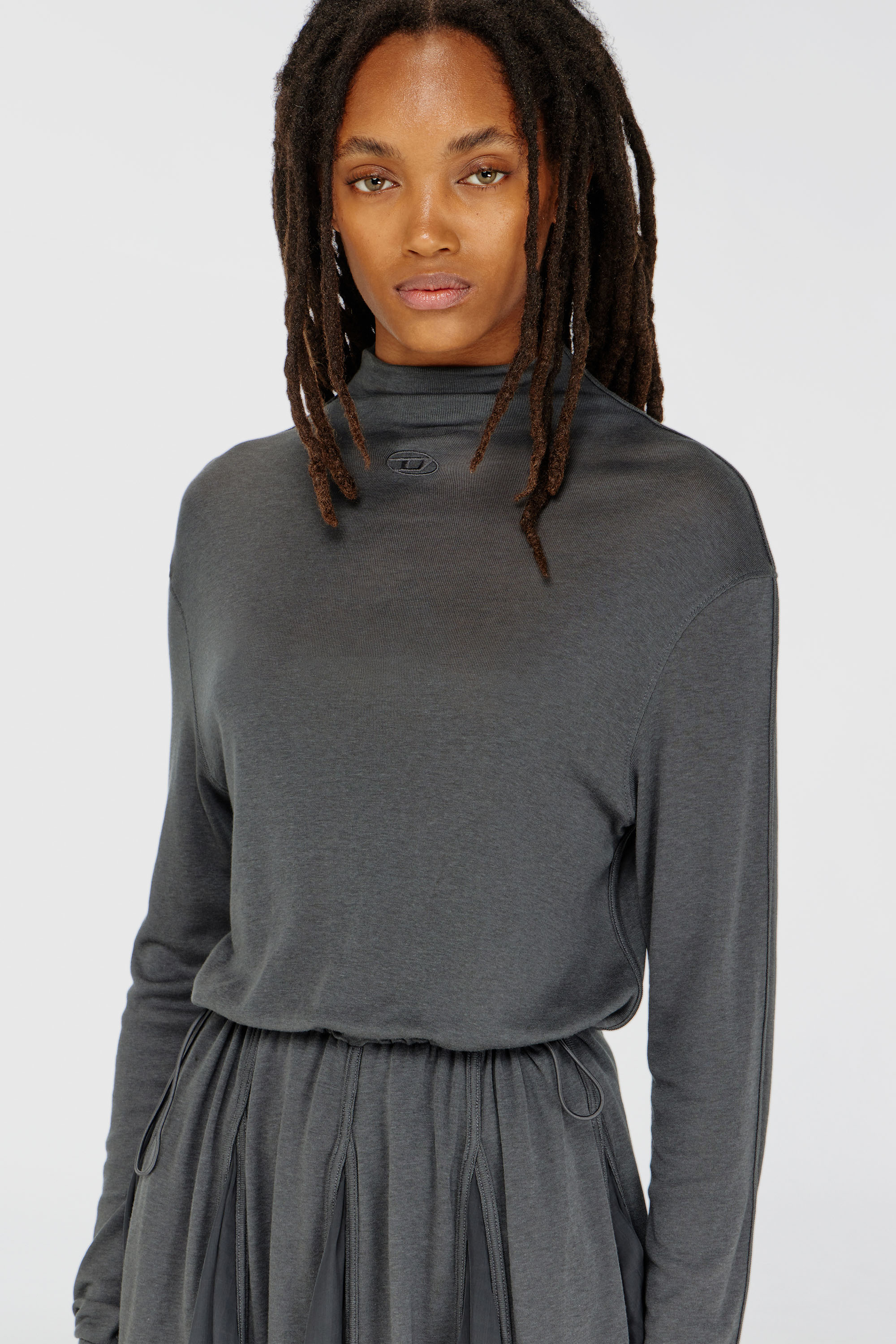 Diesel - D-REI, Robe courte &agrave; col roul&eacute; en jersey et chiffon Femme in Gris - 5