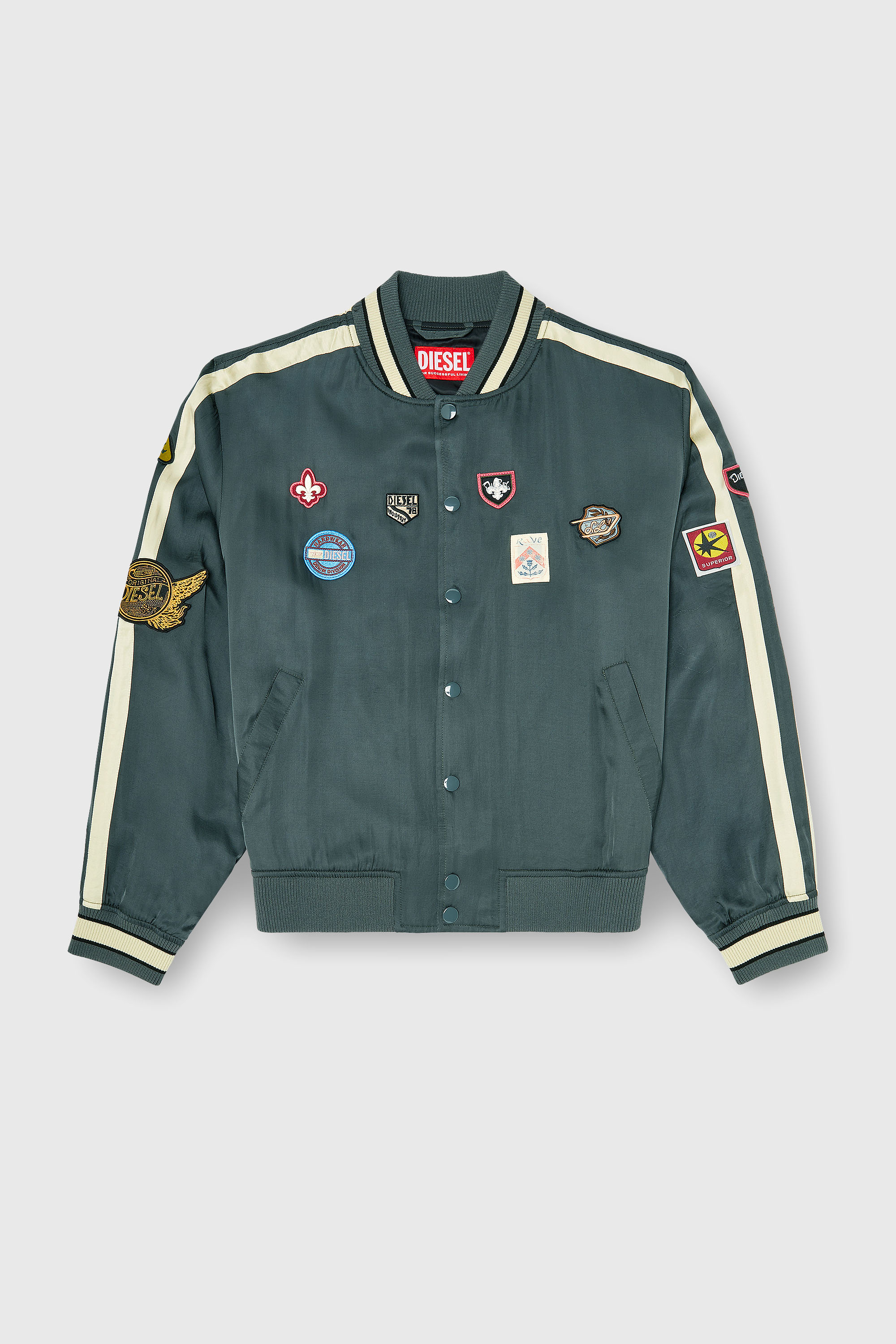 Diesel - J-ANNU, Blouson bomber satin&eacute; avec patchs Homme in Vert - 2