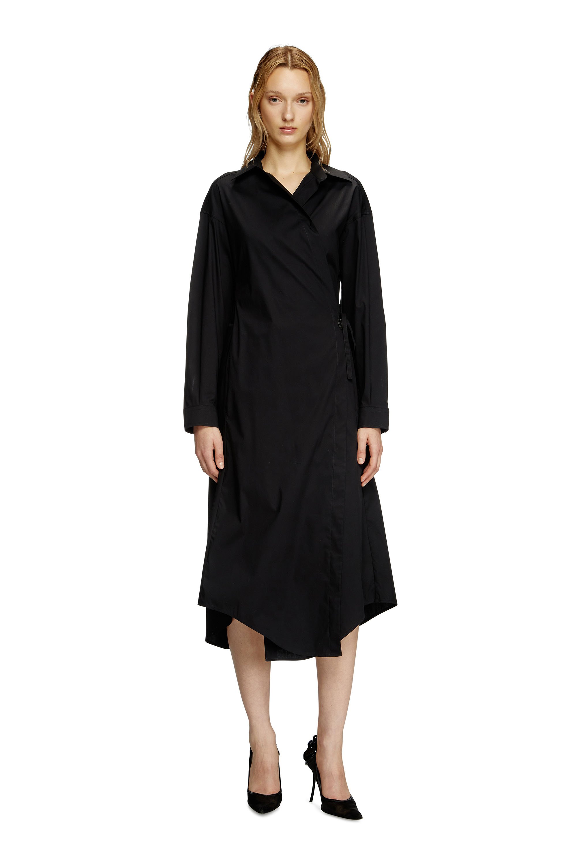 Diesel - D-ELPHI-LONG, Robe chemise portefeuille en popeline mélangée de coton Femme in Noir - 1