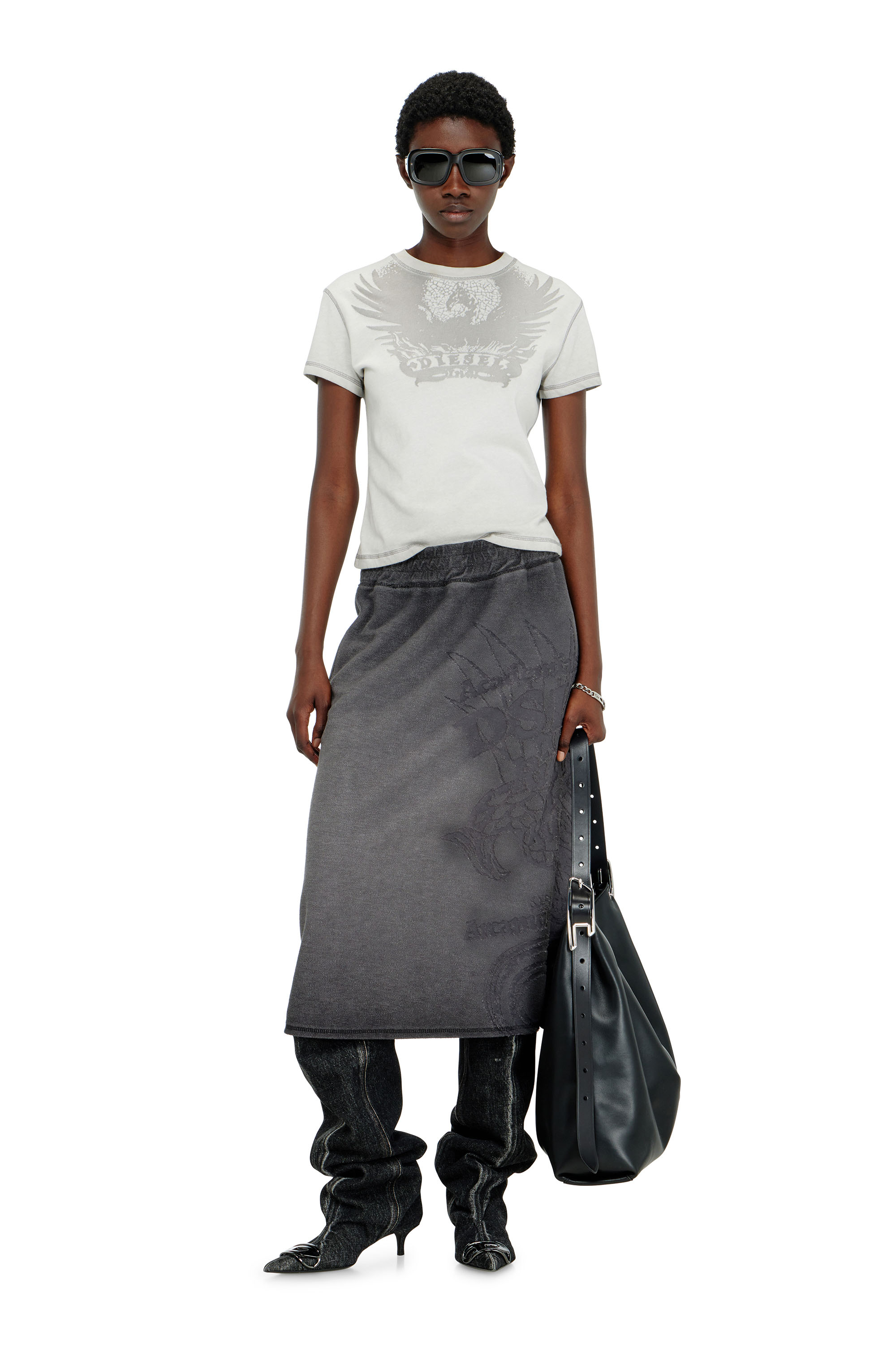 Diesel - O-BEAUTY, Gonna midi in felpa con stampa d&eacute;vor&eacute; Donna in Grigio - 1