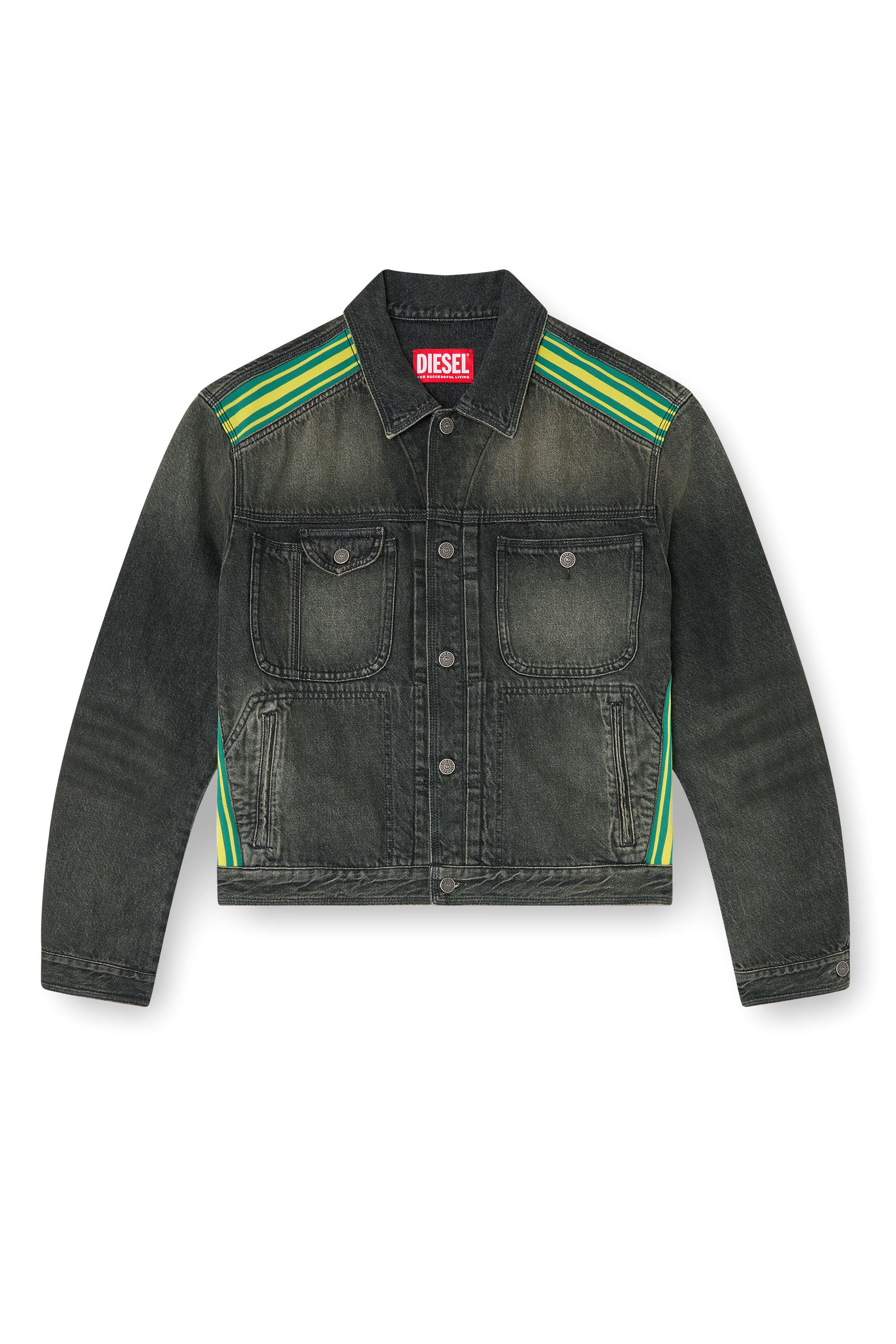 Diesel - D-BAS-FSJ1, Herren Trucker-Jacke mit gestreiften Schulterb&auml;ndern in Schwarz/Dunkelgrau - 4