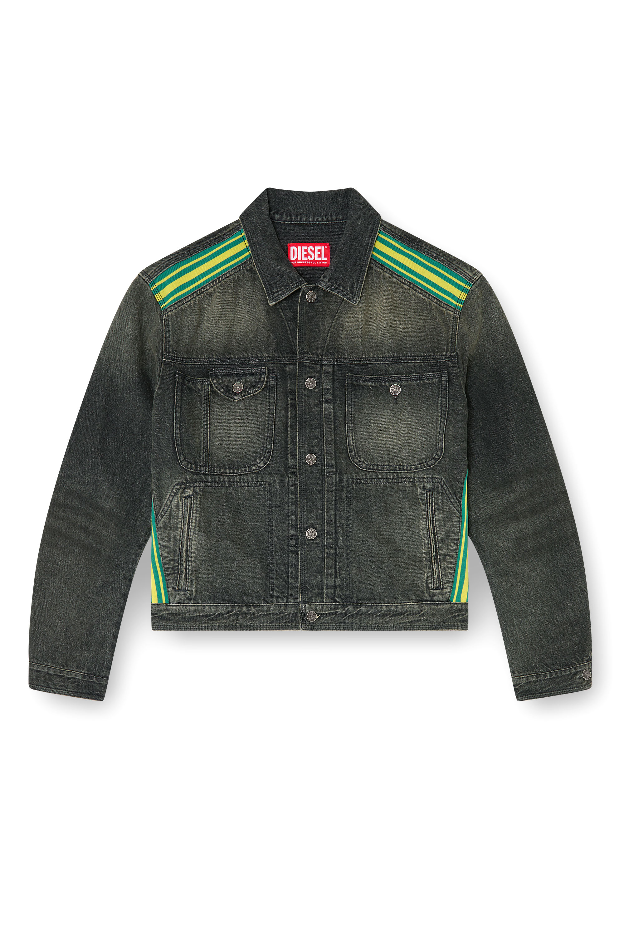 Diesel - D-BAS-FSJ1, Herren Trucker-Jacke mit gestreiften Schulterb&auml;ndern in Schwarz/Dunkelgrau - 2