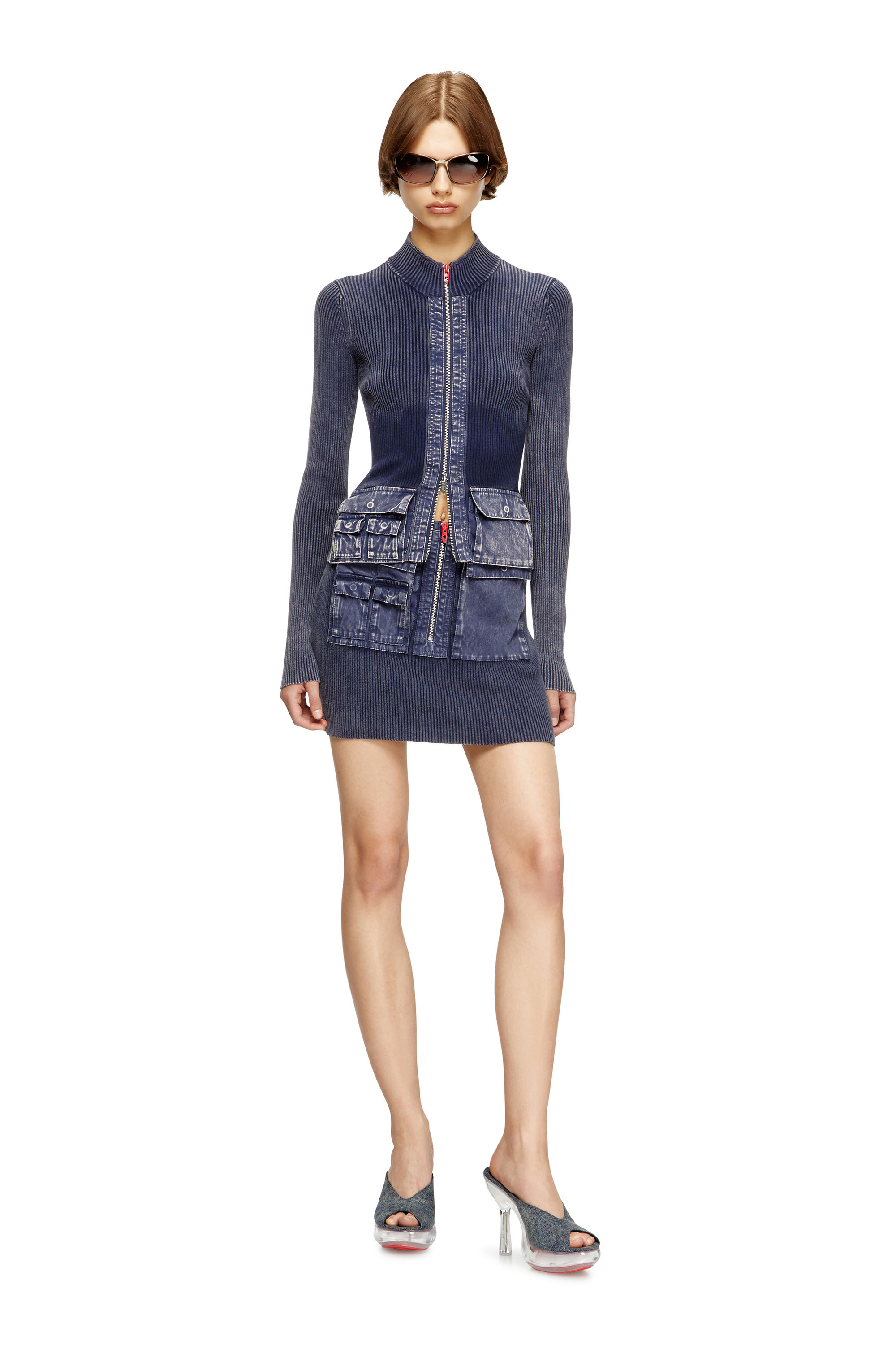 M-MERYN-SHORT, Dark Blue Diesel - M-MERYN-SHORT, Woman's Ribbed mini skirt with denim treatment in Dark Blue - 1