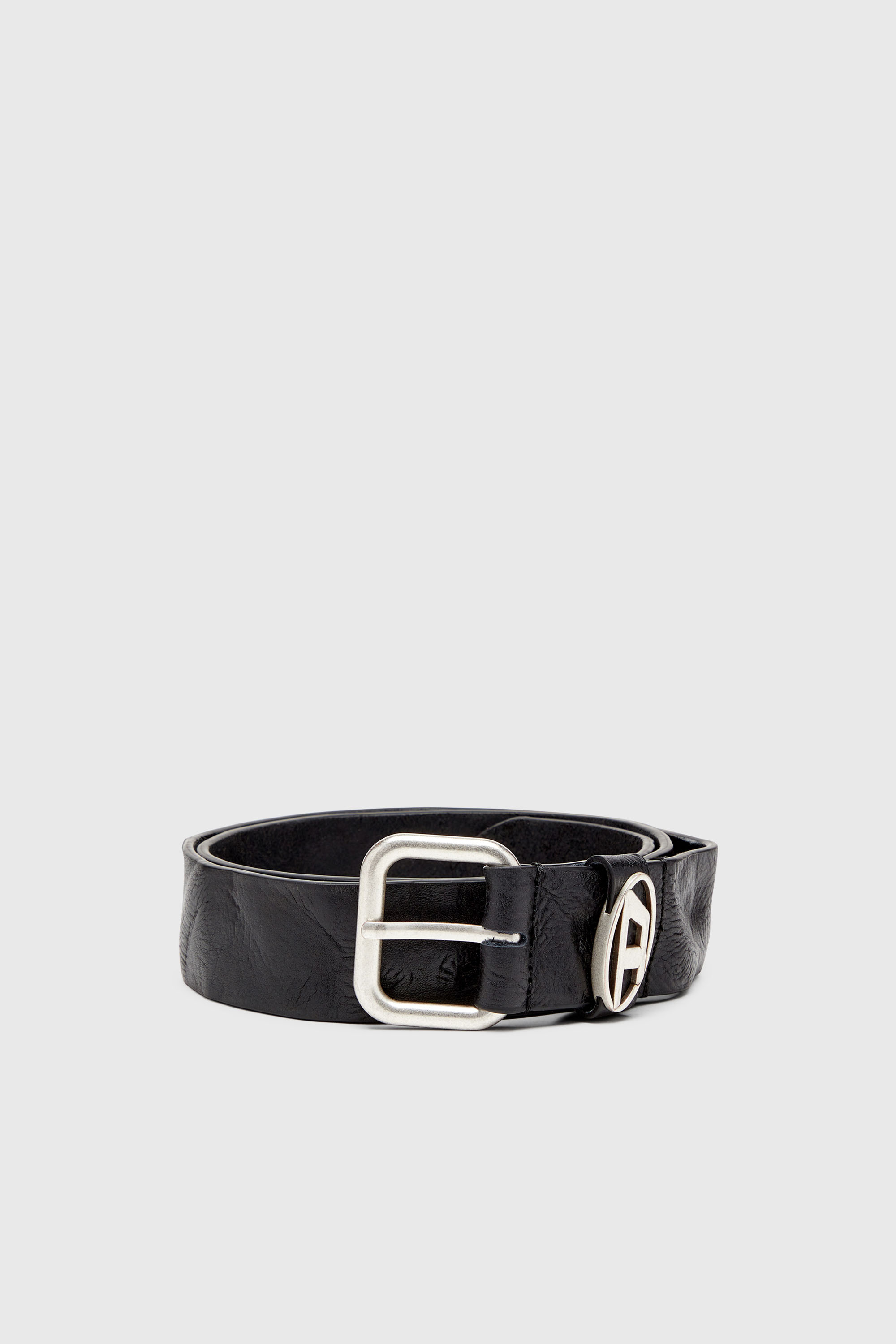 Diesel - B-1DR OVAL D LOOP, Ceinture 3.9 cm en cuir froiss&eacute; avec plaque &agrave; logo Mixte in Noir - 1