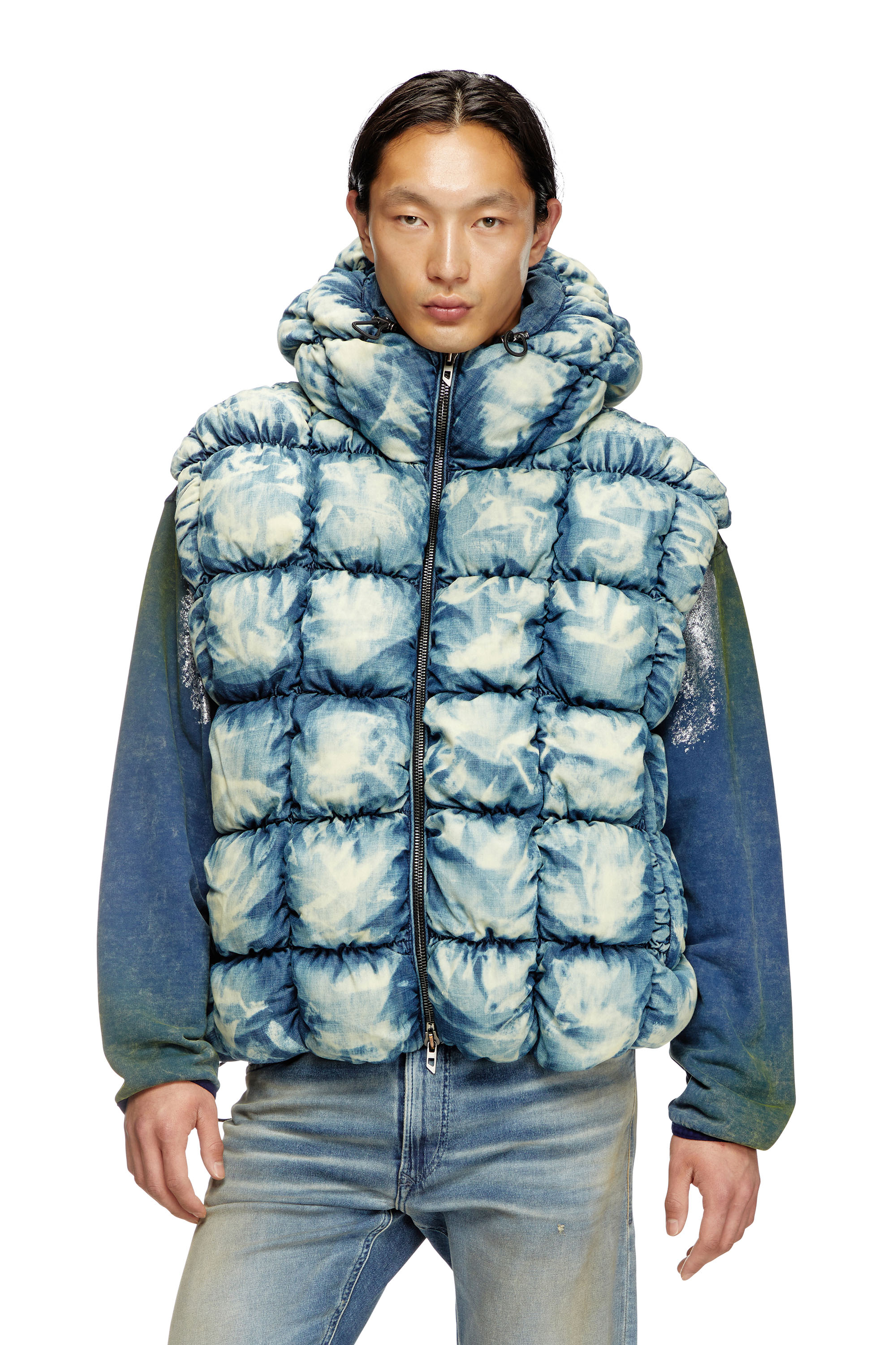 Diesel - W-THYS, Gilet doudoune en denim tie-dye Mixte in Bleu - 1