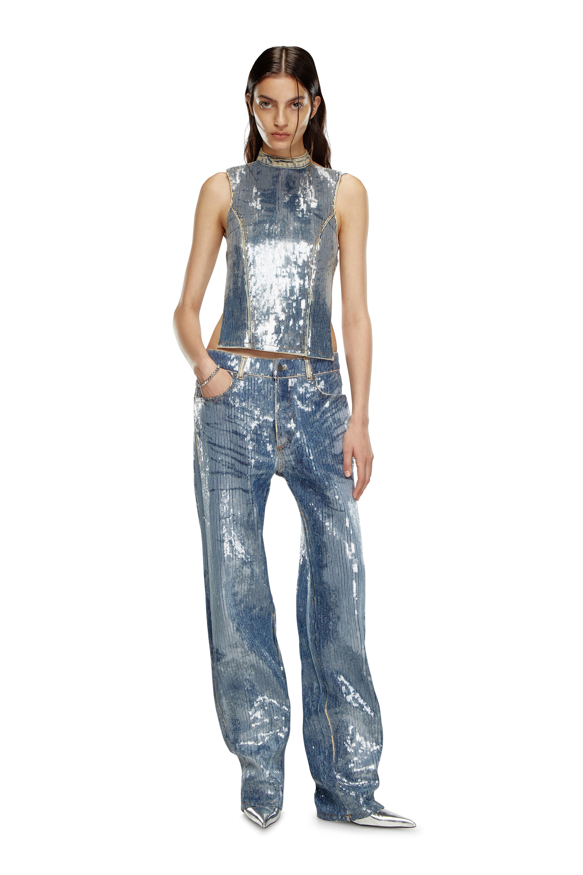 Diesel - DE-CAMY-S, Top dos nu en denim à sequins Femme in Bleu - 2