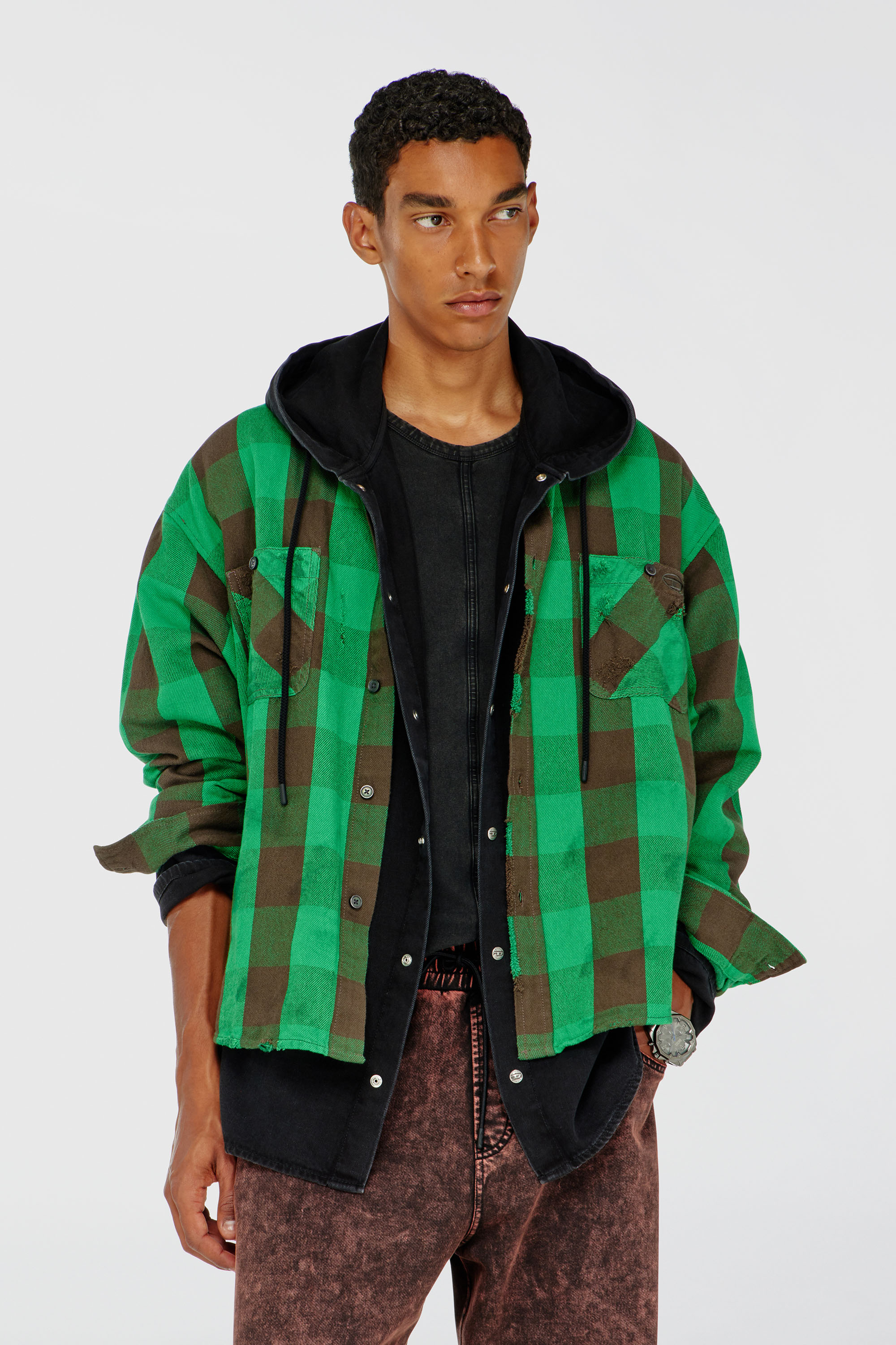 Diesel - S-DRUM, Man's Check flannel shirt with distressed effect in Brown/Green - 2