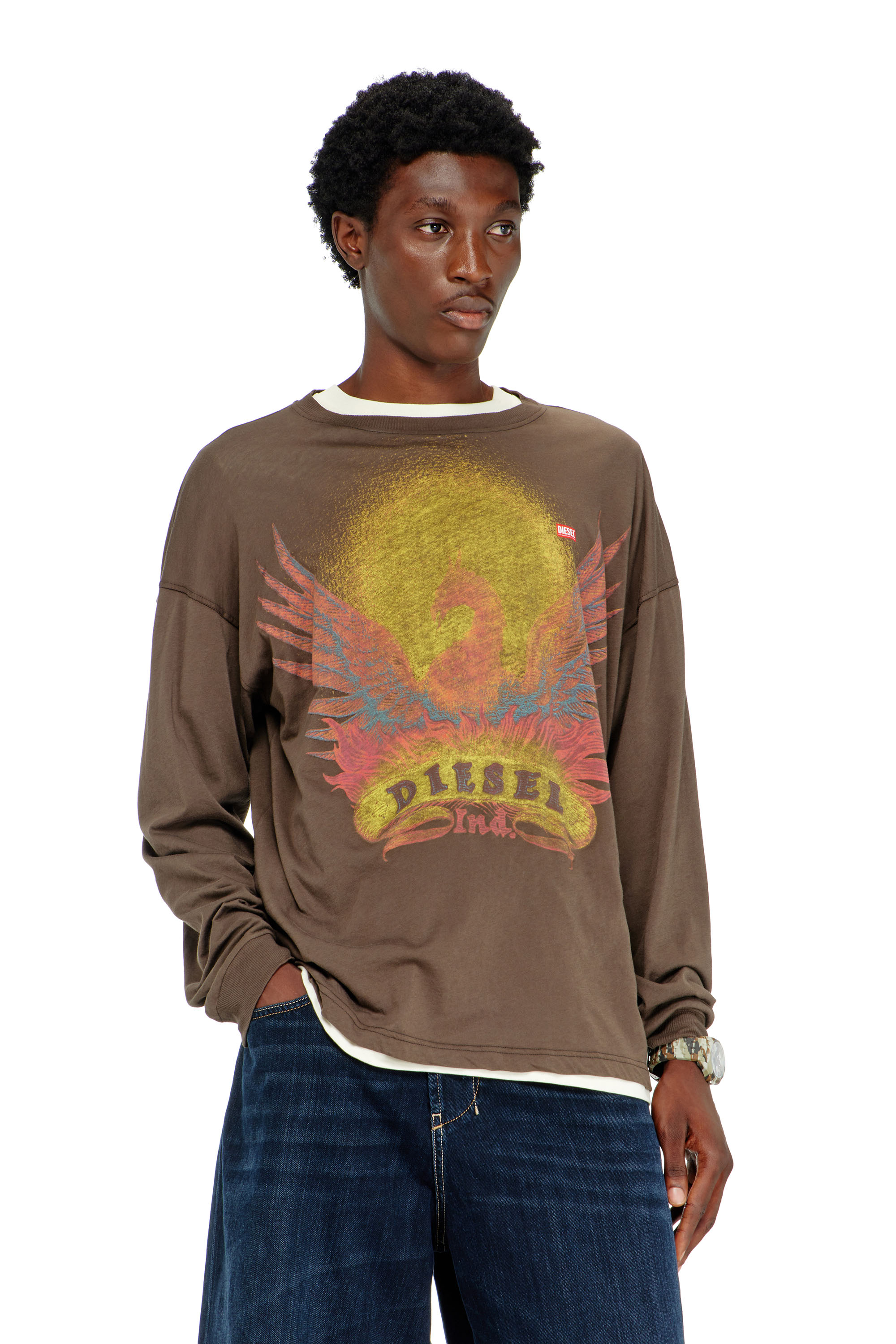 Diesel - T-BOXT-LS-AA1, T-shirt &agrave; manches longues avec motif Phoenix Homme in Marron - 1
