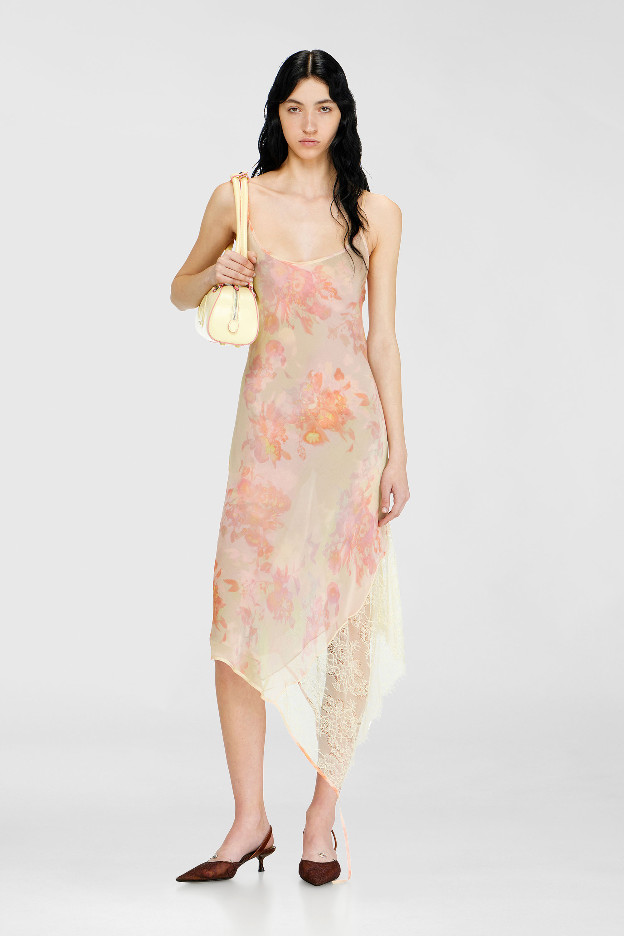 Midikleid aus Satin mit Blumenmuster und Spitzenbesatz