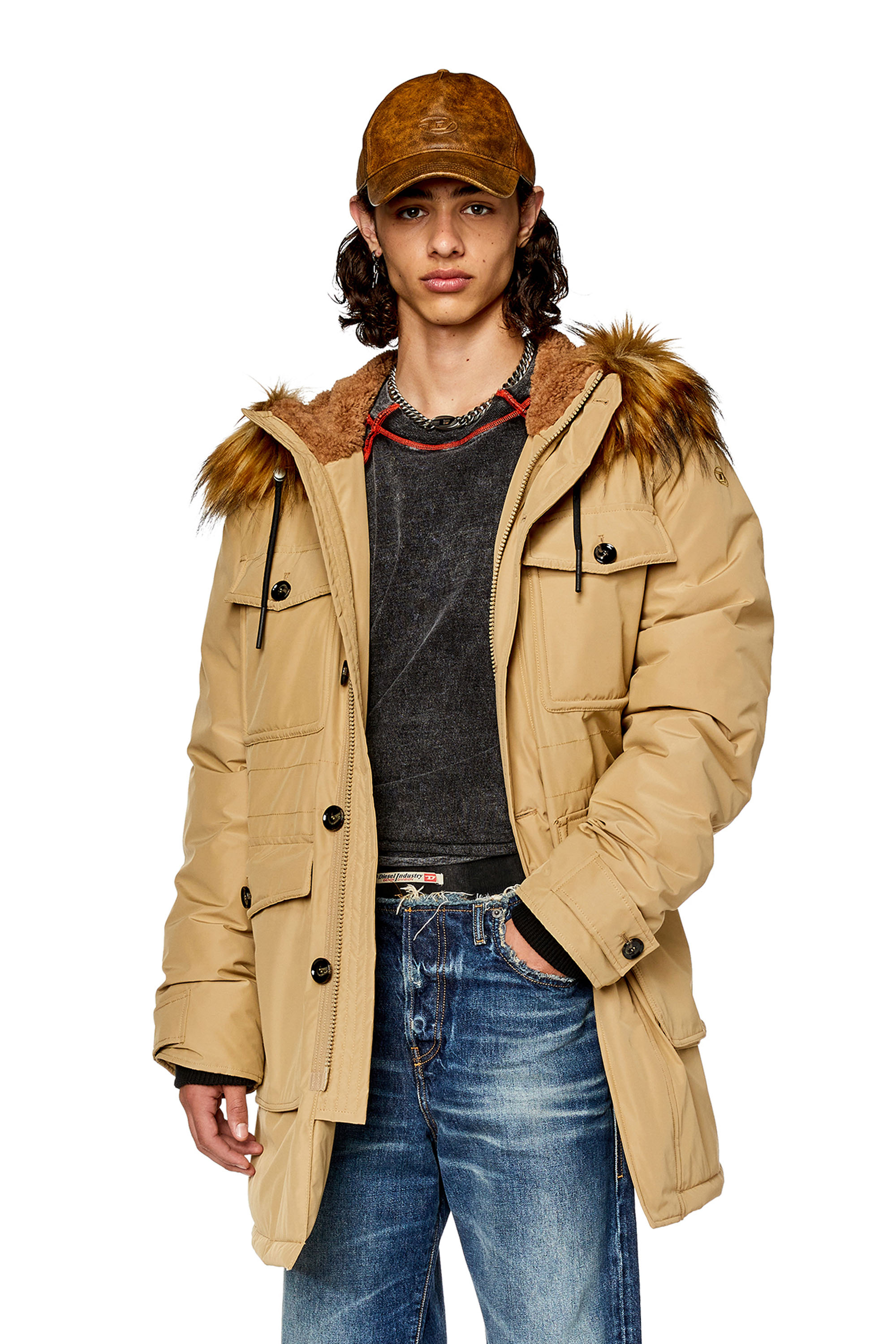 Diesel - W-JORGY, Parka matelassée avec bordure pelucheuse sur la capuche Homme in Marron - 3