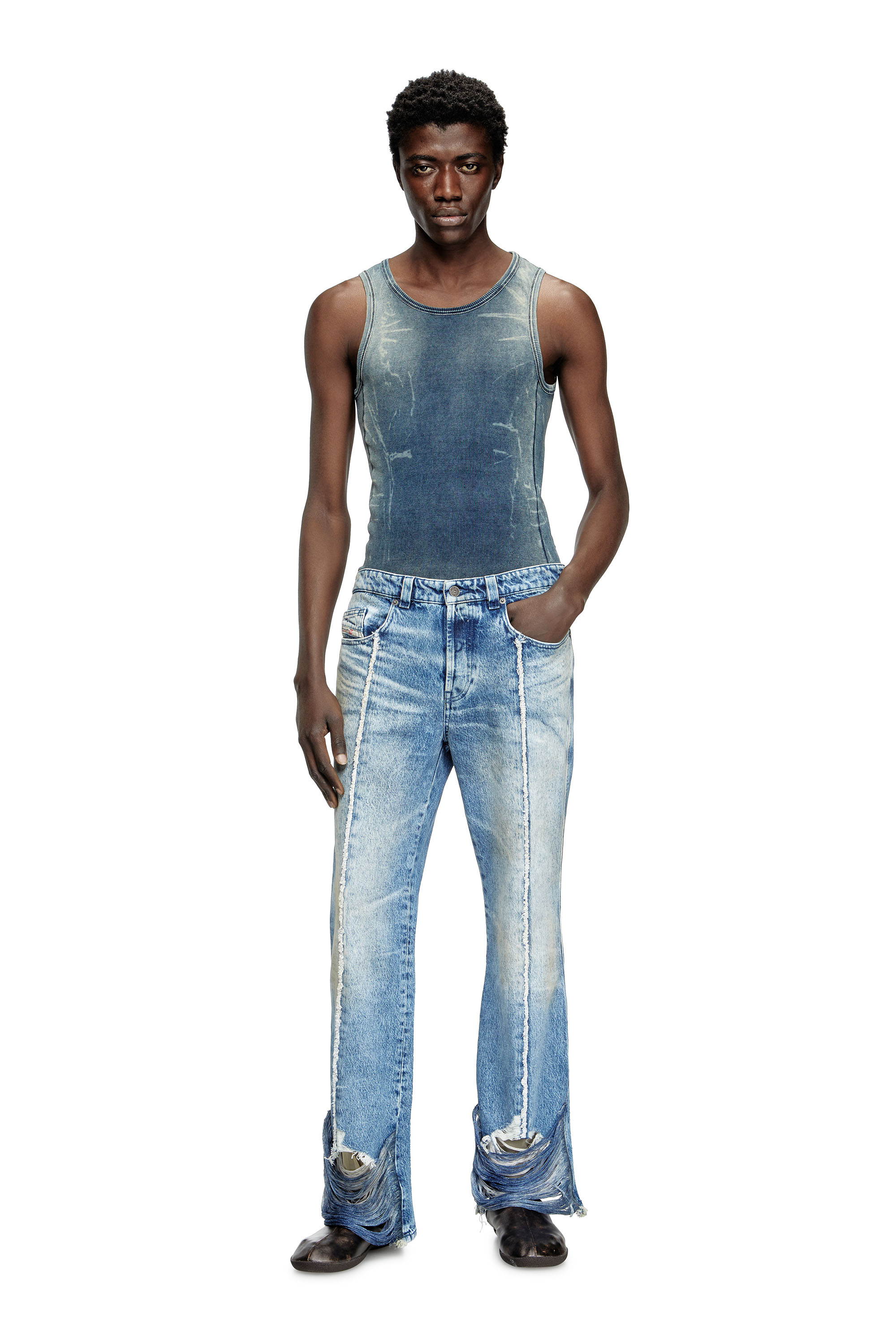 Diesel - T-GO, Débardeur côtelé avec effet trompe-l'œil en denim Mixte in Bleu - 3