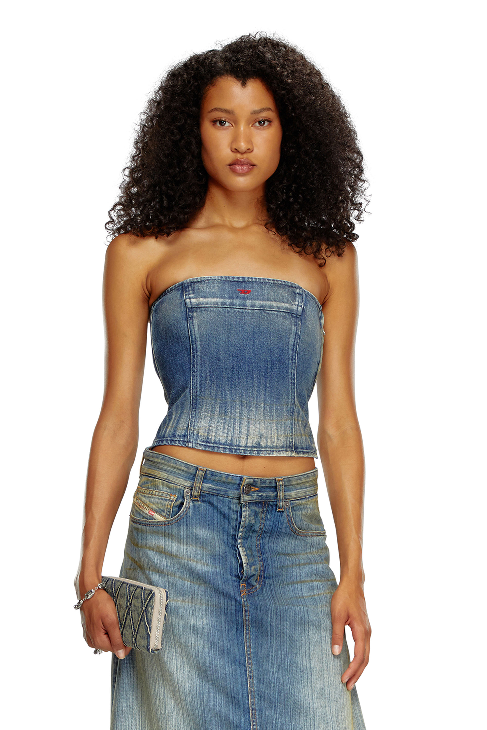 Diesel - DE-VILLE, Woman Tube top in dirt-wash denim in Blue - Image 1