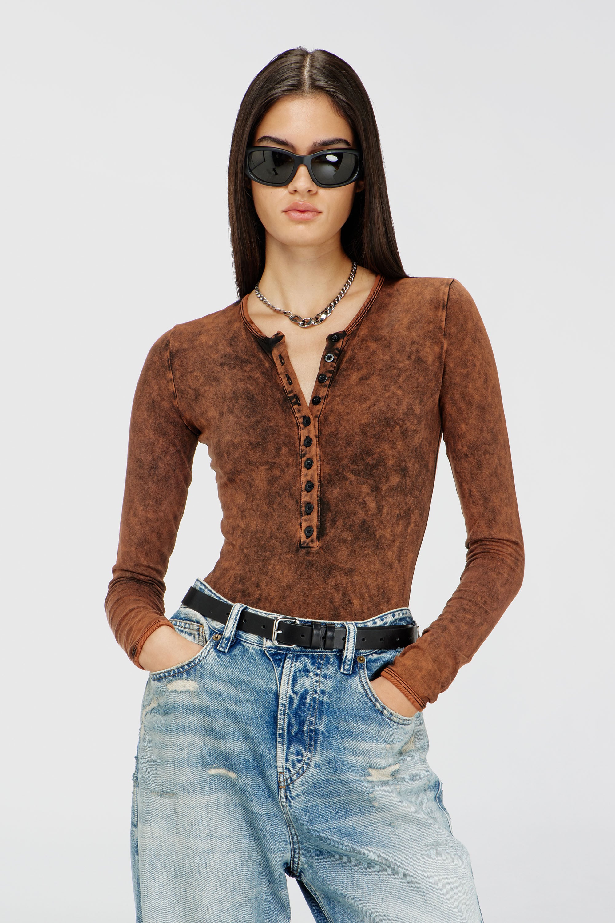 Diesel - FRESYA-DNM, Body in cotone con chiusura frontale a bottoni Donna in Marrone - 2