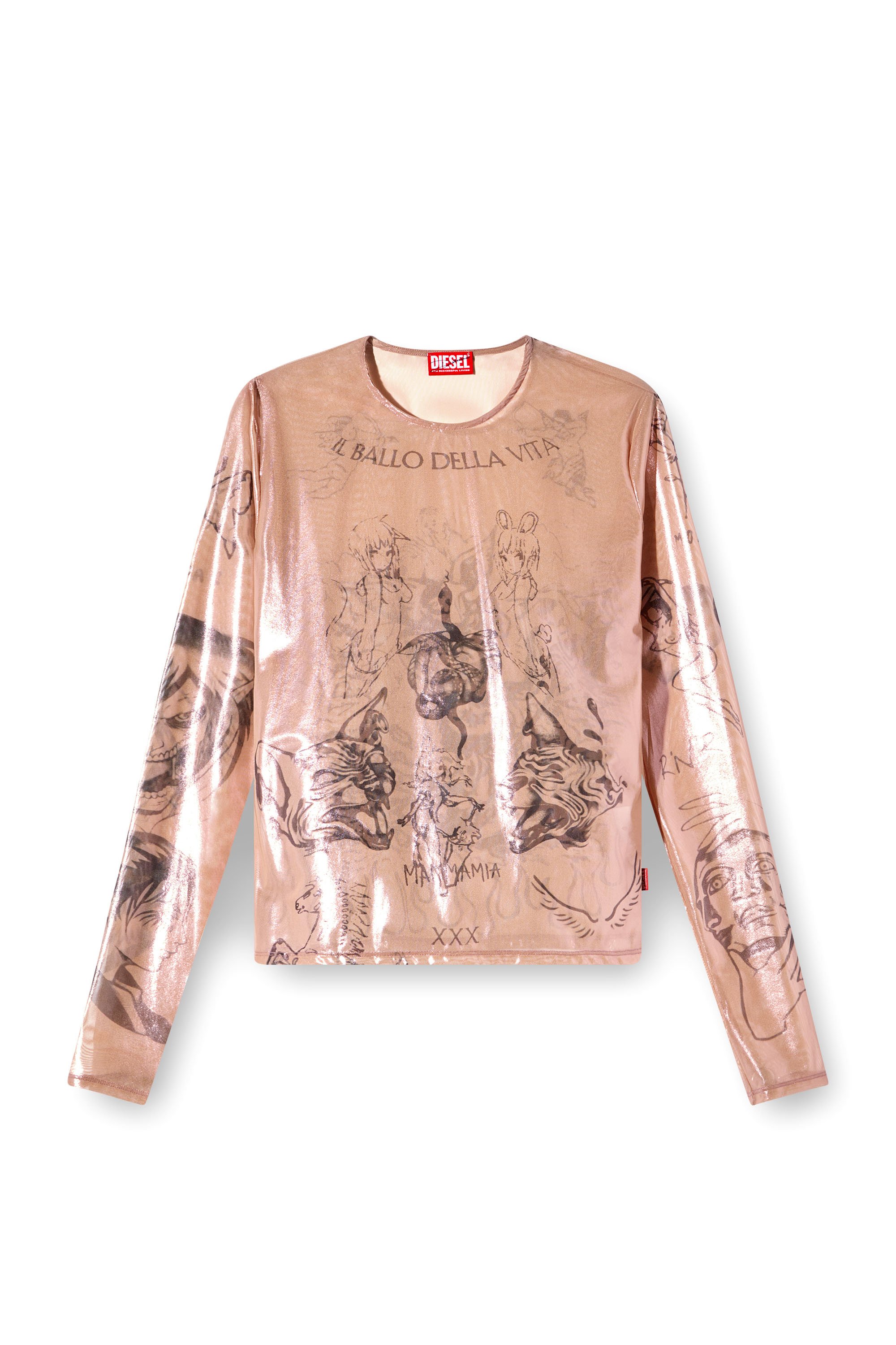 Diesel - T-CLAUDE-DD, Top in tulle stretch effetto tattoo Unisex in Rosa - 7