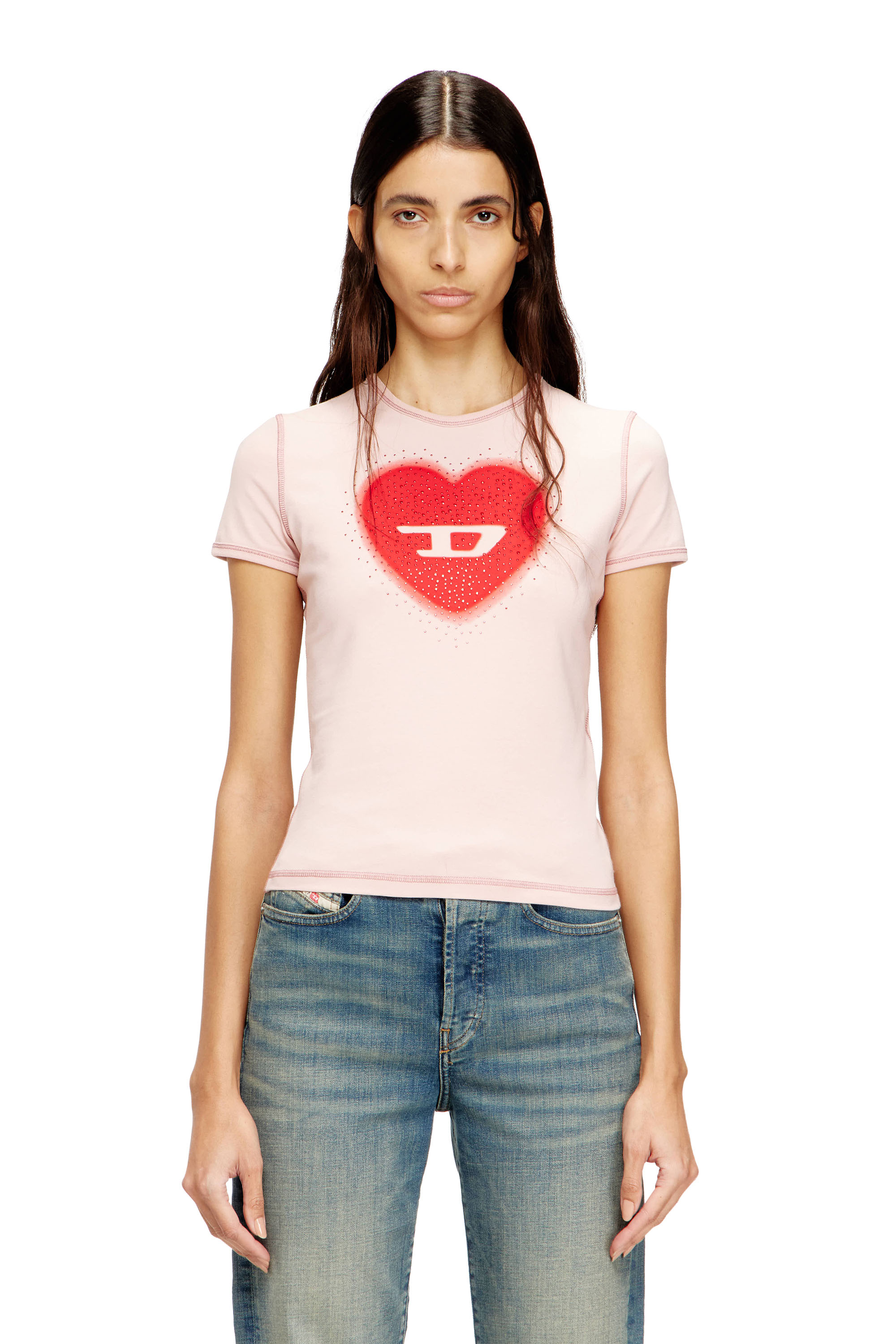 Diesel - T-UNCUTIES-LONG-S5, T-shirt slim con stampa a cuore e borchie Donna in Rosa - 3