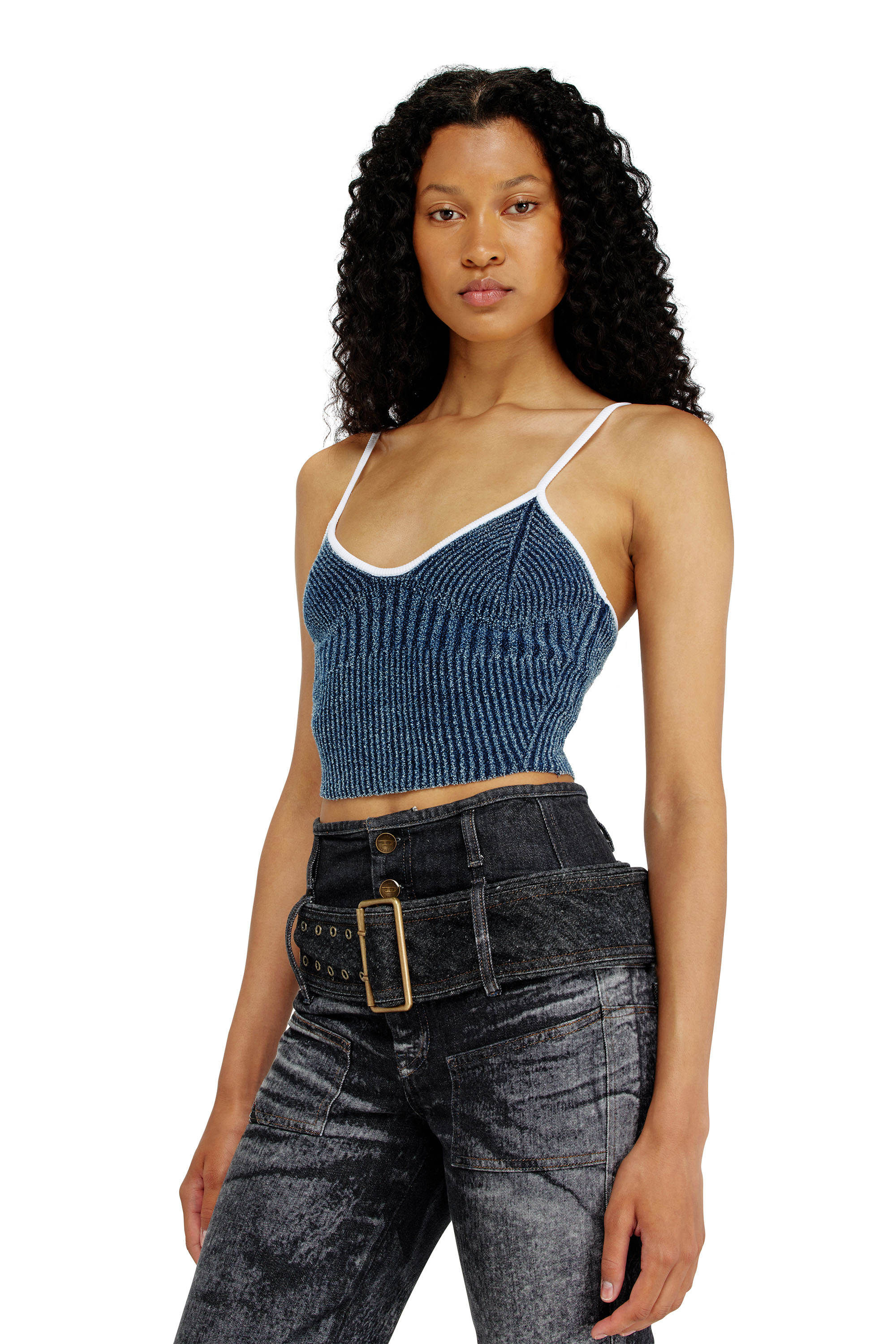 Diesel - M-ESTERE, Damen Crop-Top aus indigo boucl&eacute; Rippstrick in Blau/Weiss - 5