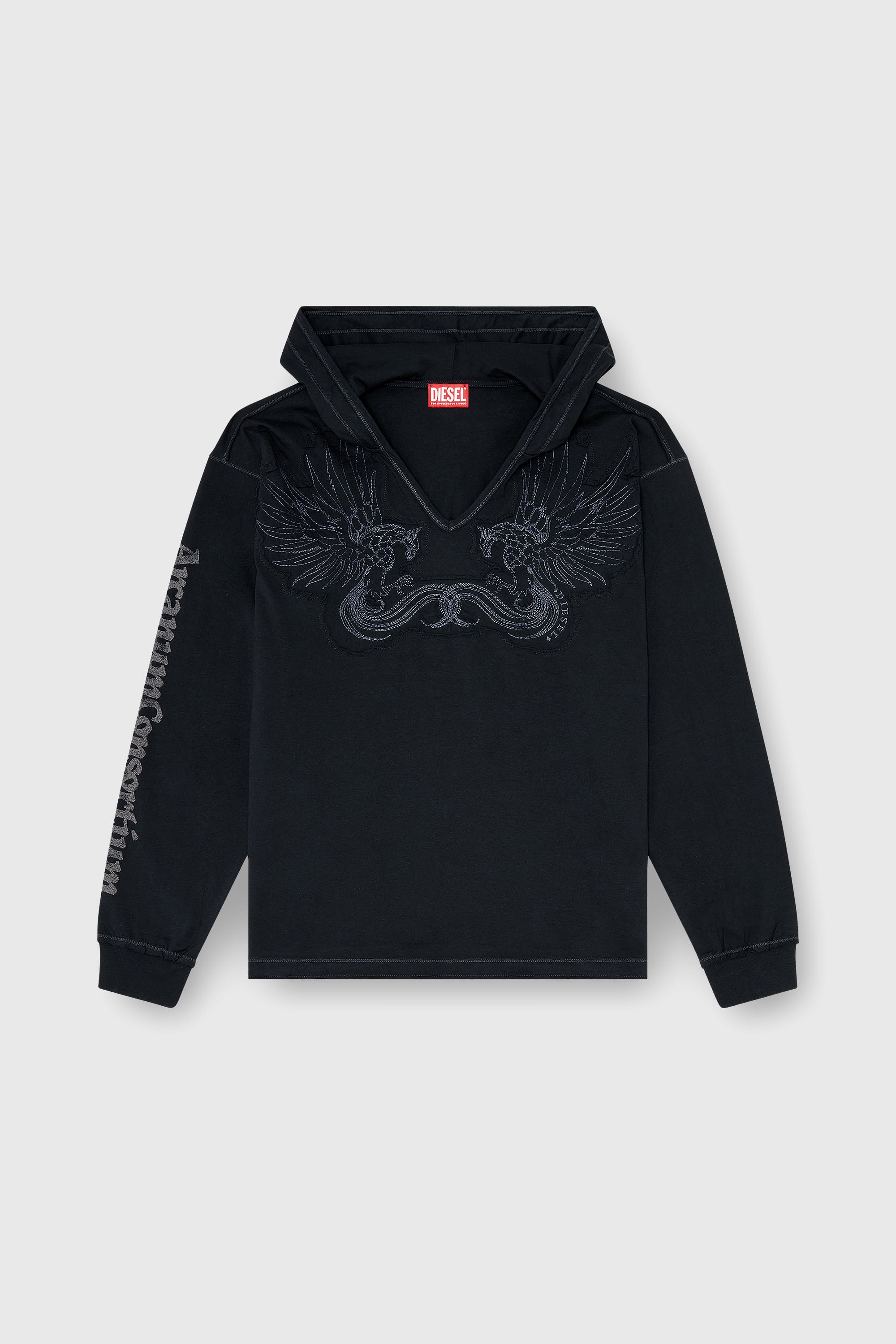 Diesel - T-PHEN-LS-HOOD-RIB, Herren Kapuzenpullover mit V-Ausschnitt und Stickerei vorn in Schwarz - 2