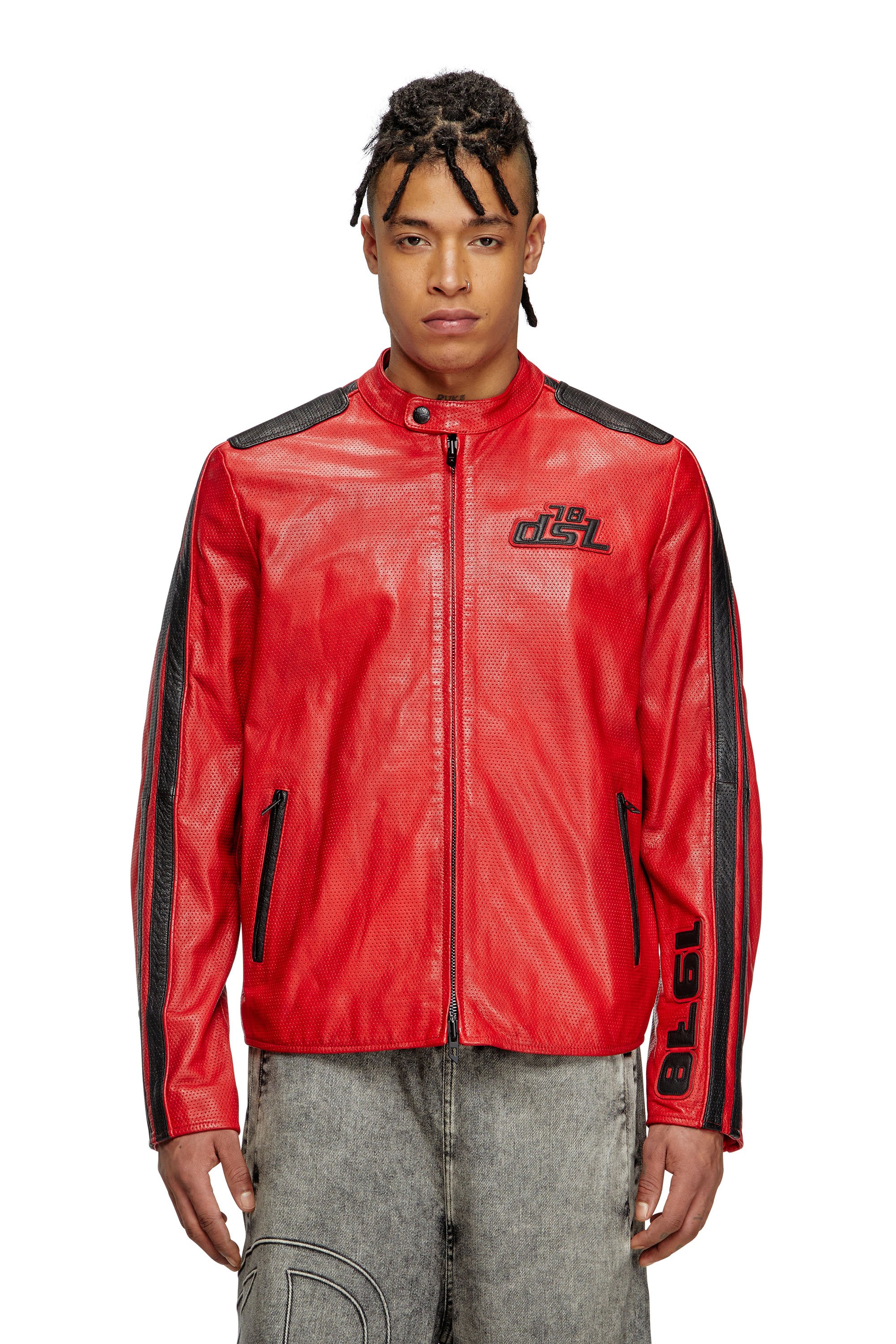 Diesel - L-POP, Giacca biker in pelle traforata Unisex in Rosso - 2