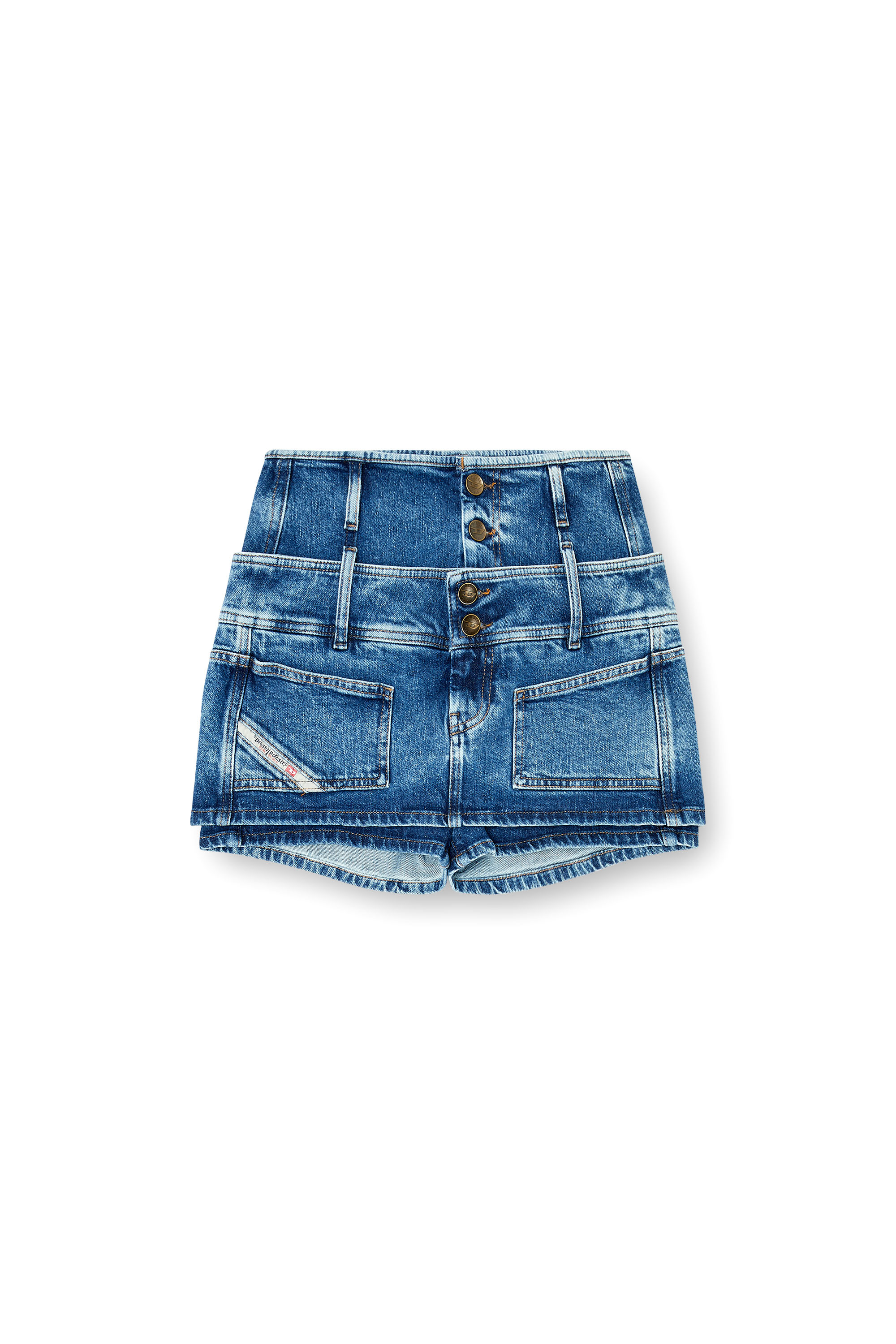 Diesel - DE-CORIVA-S, Minigonna pantaloncino in denim con doppia cintura Donna in Blu - 3